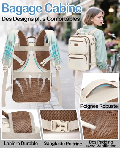 Detalle de LYNXCHER Sac à dos cabine 40x30x20 cm – anti-vol, 15,6 pouces, blanc cassé – idéal voyage et travail