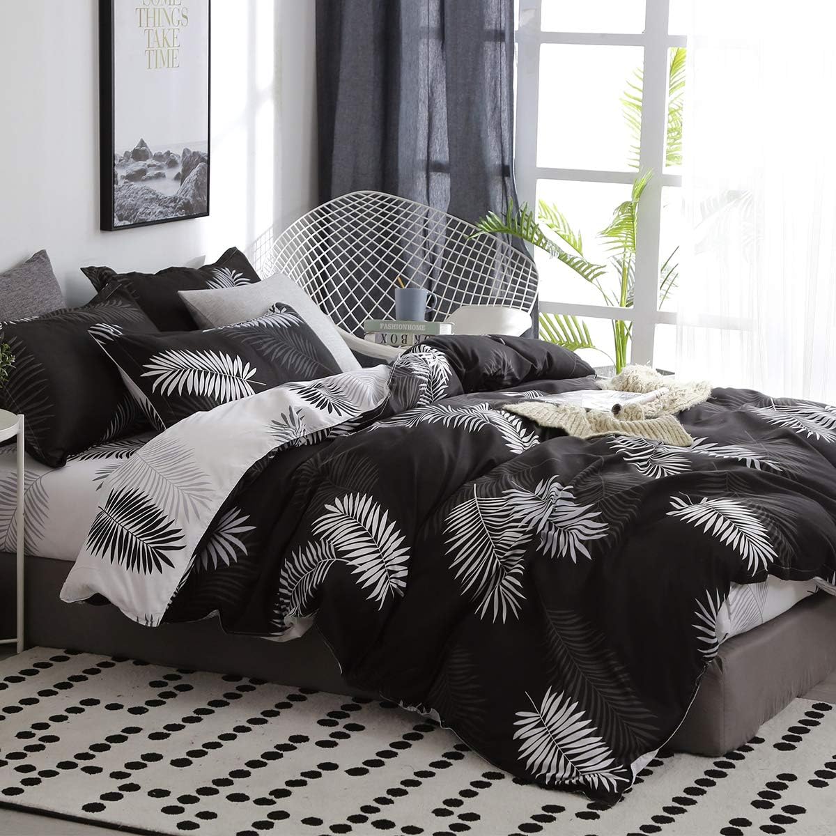 Detalle de Michorinee Housse de Couette 220x240 Motif Feuilles de Palmier Tropicales Noir et Blanche – Parure de lit réversible avec 2 Taies 65x65 cm