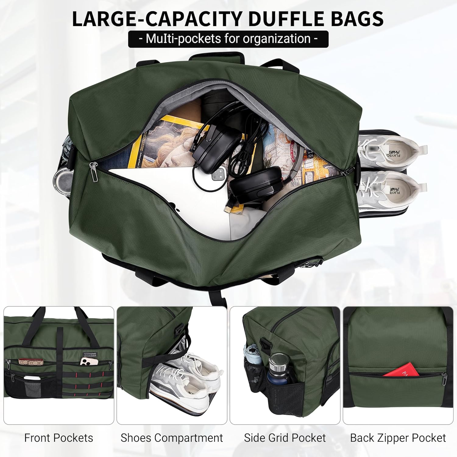 Detalle de WITZMAN Foldable Duffle Bag 65L (B697 Army Green) with Shoe Compartment