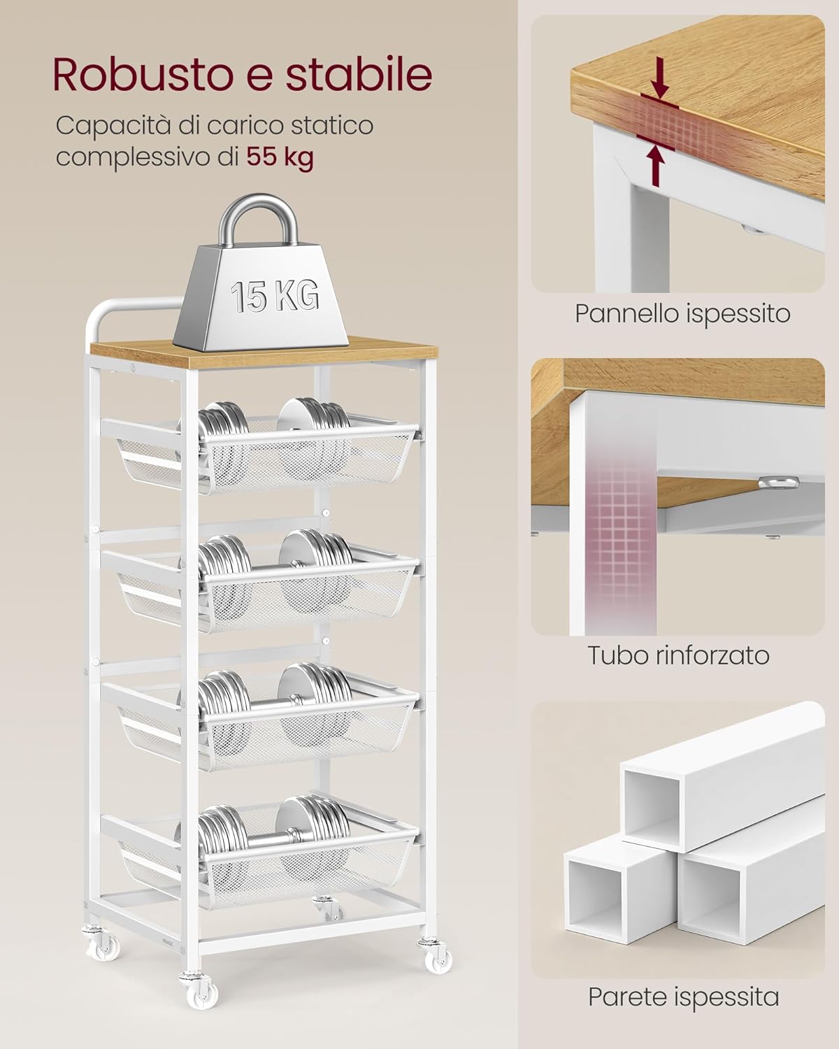 Thumbnail 6 de VASAGLE Carrello da Cucina a 5 Ripiani con Cesti Scorrevoli – Rovere Dorato e Bianco Opaco (LRC041YA01)