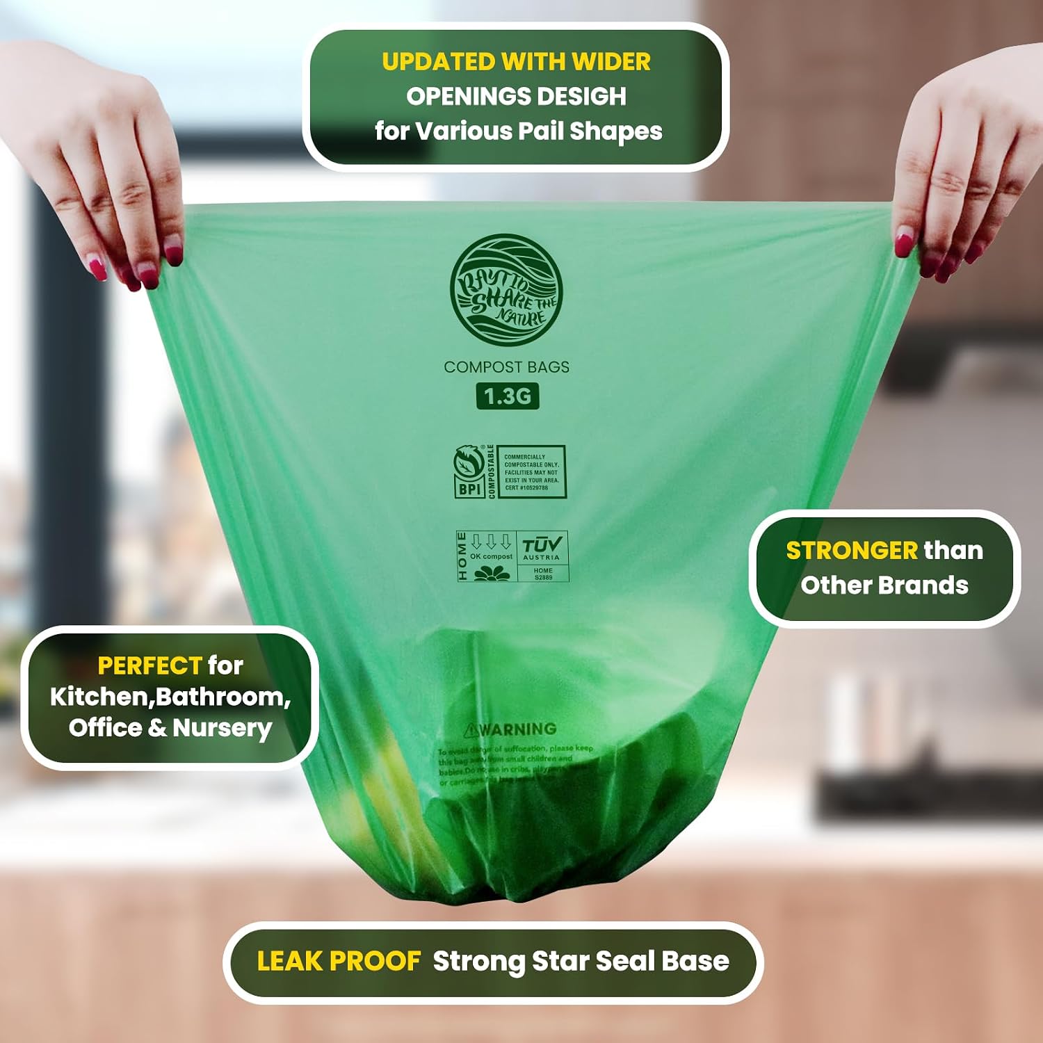 Thumbnail 1 de Compost Bags 1.3 Gallon, 100 Count — Compostable Small Trash Bags for Kitchen Countertop Bins