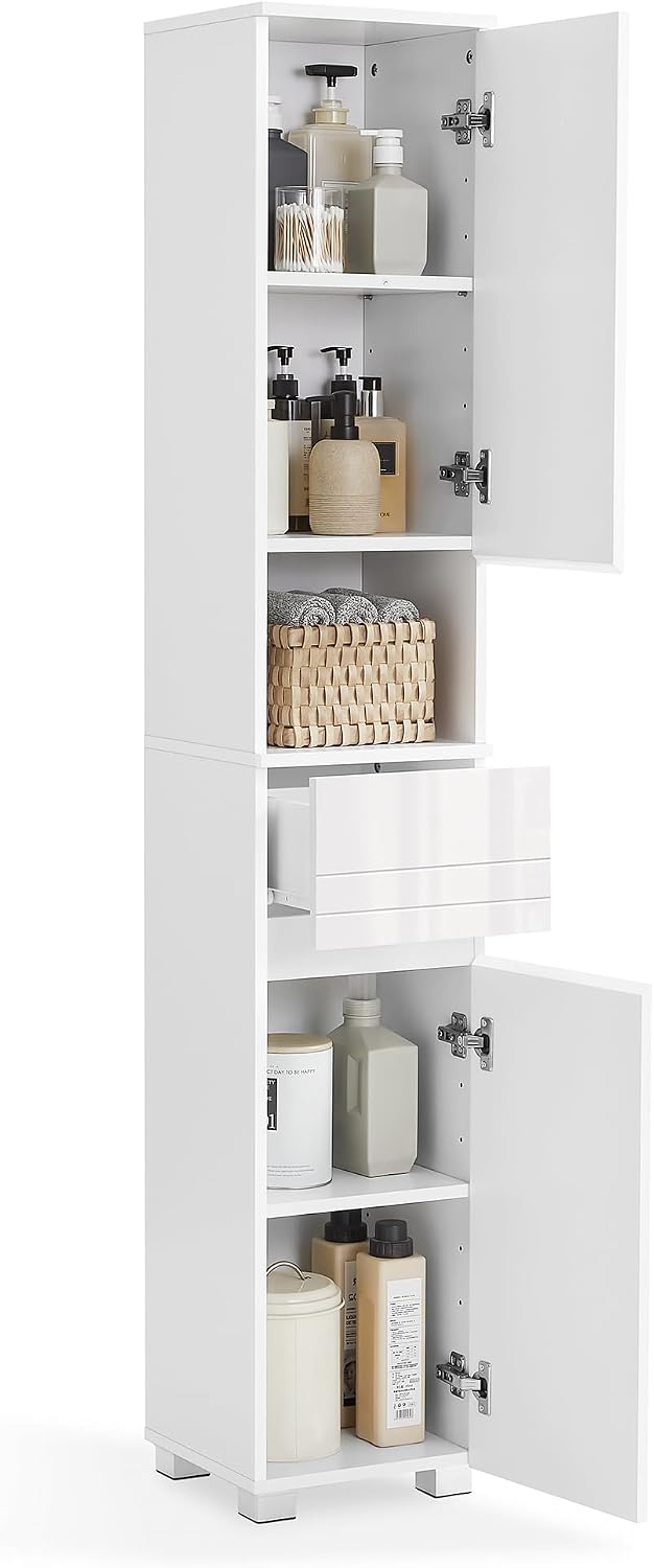 Detalle de VASAGLE BBC560P31 badkamerkast met lade, verstelbare legplanken en open vak, klassiek wit