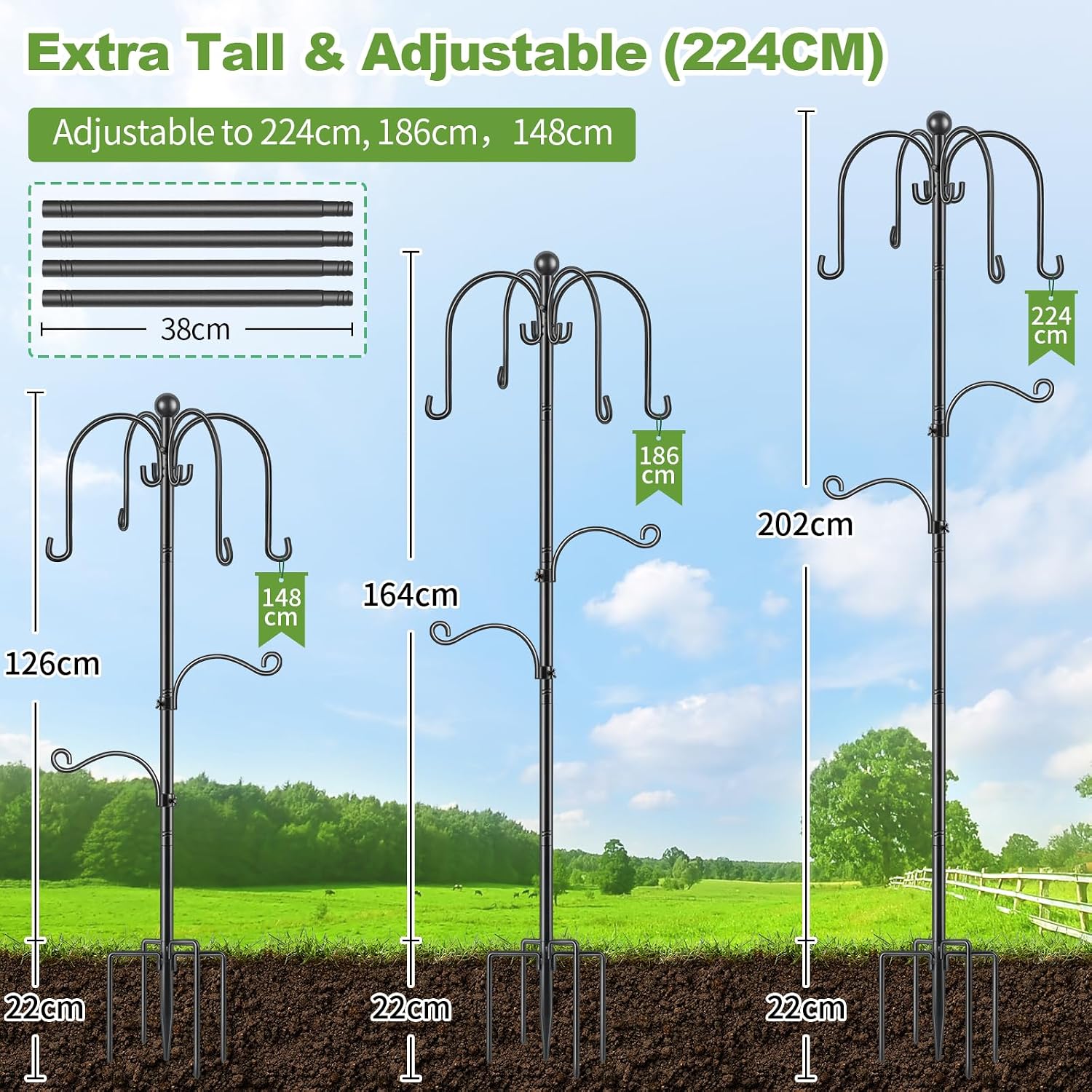 Thumbnail 1 de Bird Feeders Hanging Station: 224cm Adjustable Pole with 6 Hooks for Outdoors
