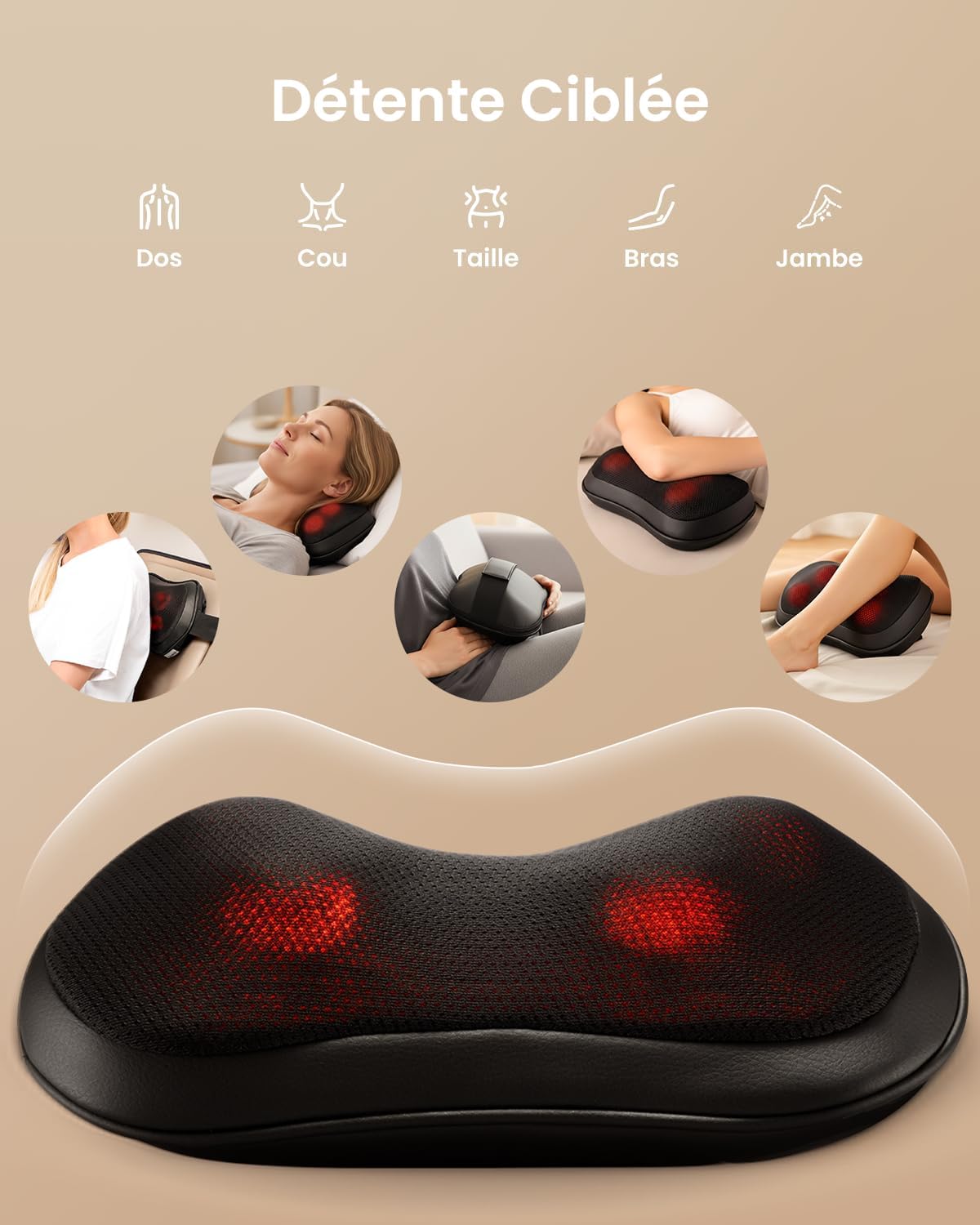 Thumbnail 5 de RENPHO Coussin de massage Shiatsu ultra-mince avec chauffage et 3 vitesses pour le cou et le dos