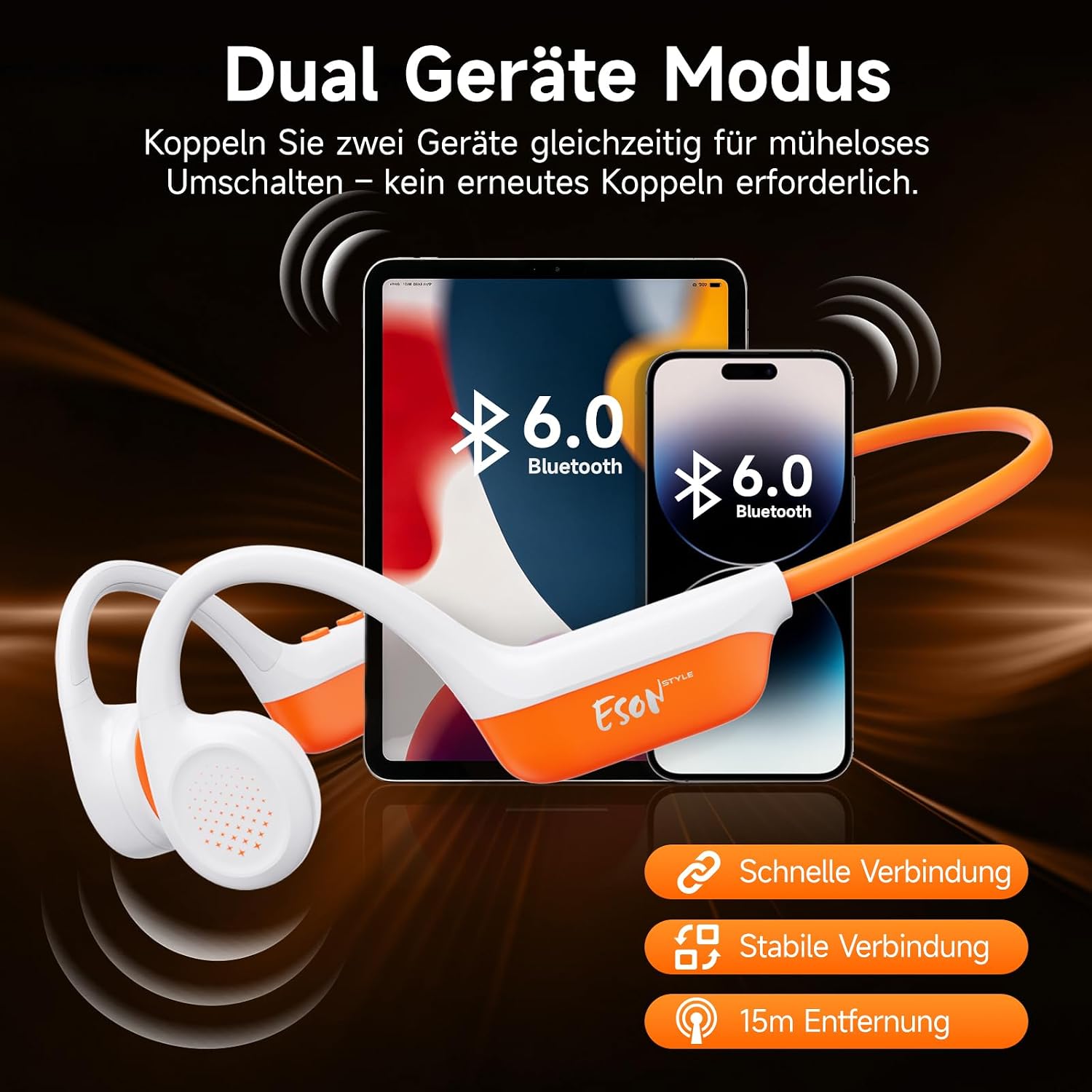 Detalle de esonstyle Knochenleitung-Kopfhörer Bluetooth 6.0, IPX7 – Open-Ear, 10 Std. Akku, wasserdicht