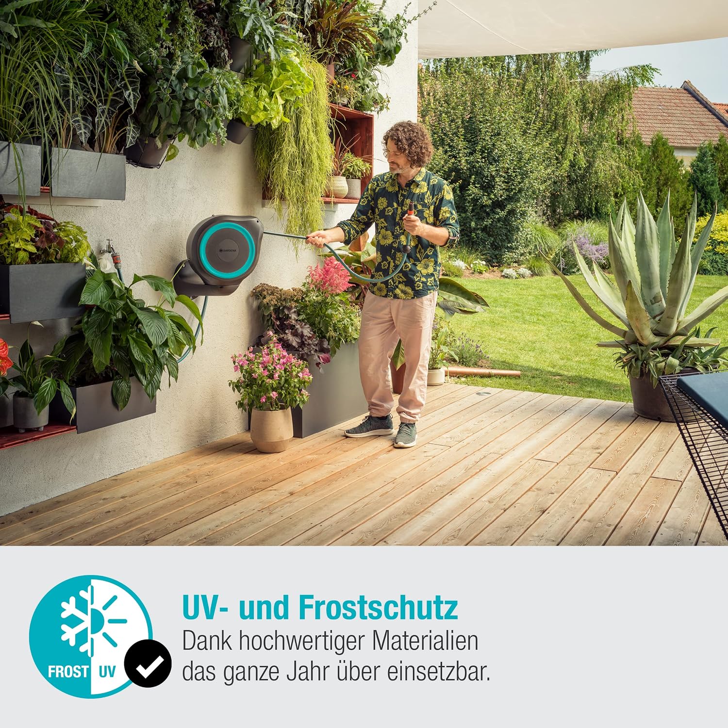 Detalle 2 de GARDENA Wand-Schlauchbox RollUp S türkis 15 m (18600-20) – schwenkbare Trommel mit Wandhalterung
