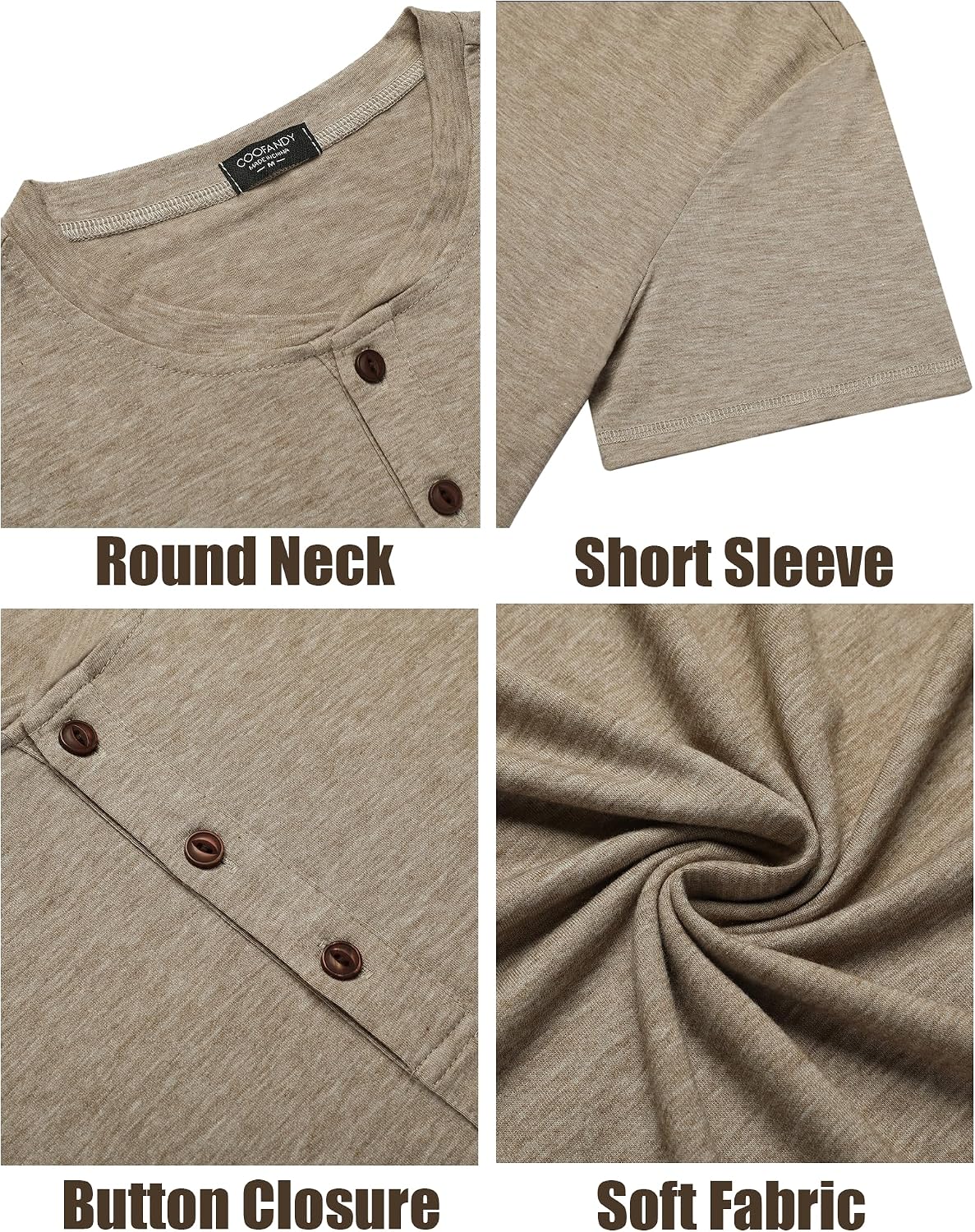 Detalle de COOFANDY Men's Henley Short Sleeve Shirt: Casual Summer Basic T for Everyday Style