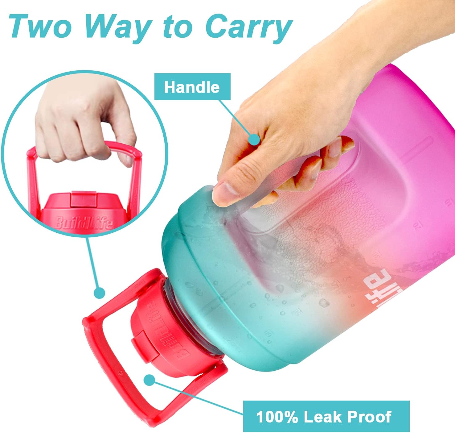 Thumbnail 2 de BuildLife 2.2L Motivational Water Bottle with Straw, Time Marker & BPA-Free (Green-Pink)