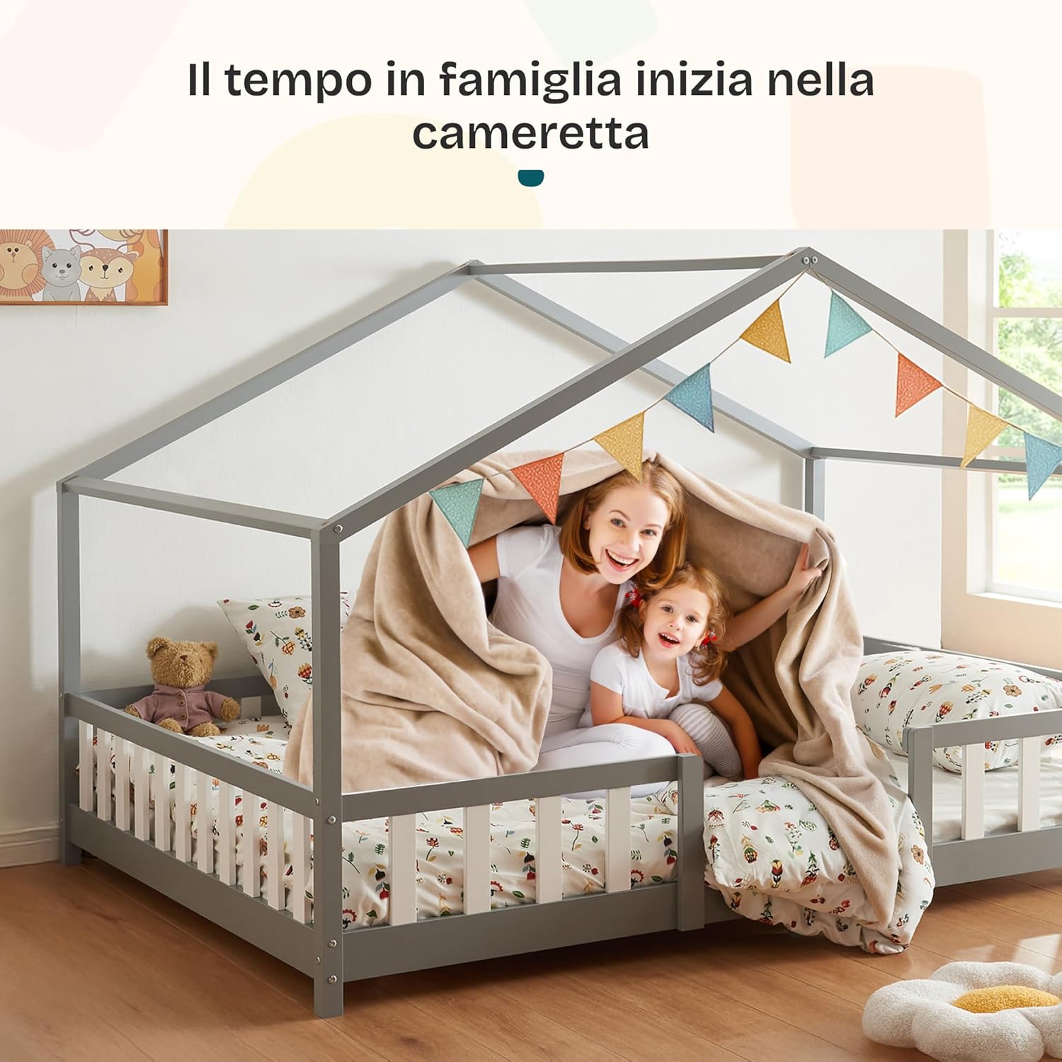 Thumbnail 4 de Letto per Cameretta a Forma di Casetta con Barriera di Protezione in Legno di Pino, 140 x 200 cm – Grigio Chiaro/Bianco