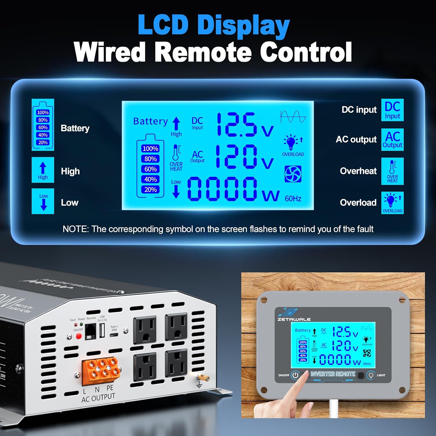 Thumbnail 1 de 1500W Pure Sine Wave Inverter 12V DC to 110V/120V AC with LCD Remote and 4 Outlets