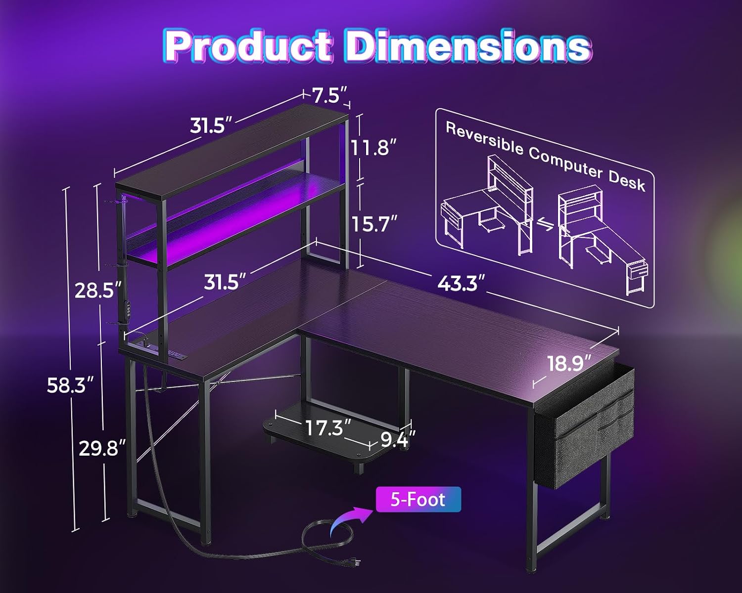 Thumbnail 2 de AODK 43-Inch Reversible L-Shaped Gaming Desk with LED Lights and Power Outlet