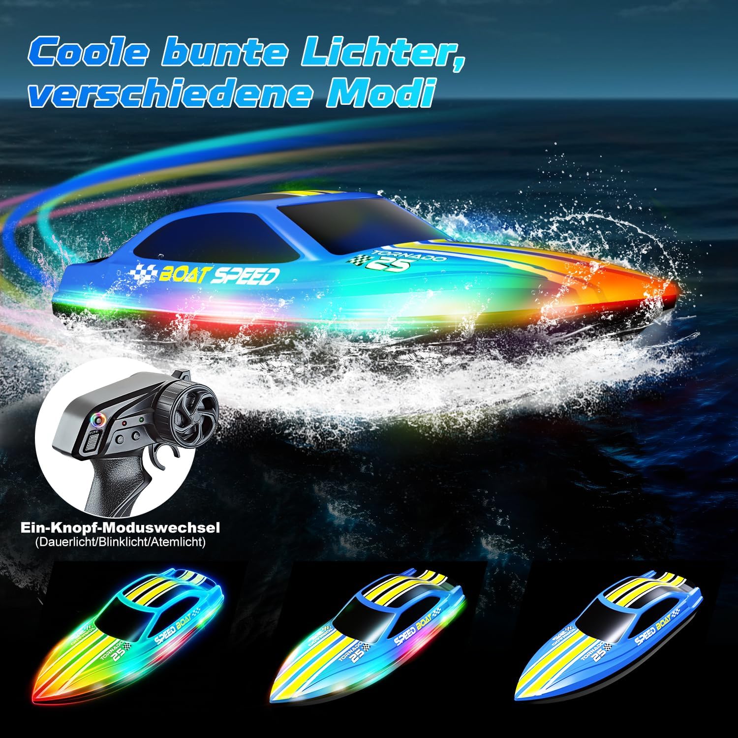 Thumbnail 1 de Ferngesteuertes Boot 2,4 GHz mit 7 LED-Lichtmodi, 15 km/h, 2 Batterien