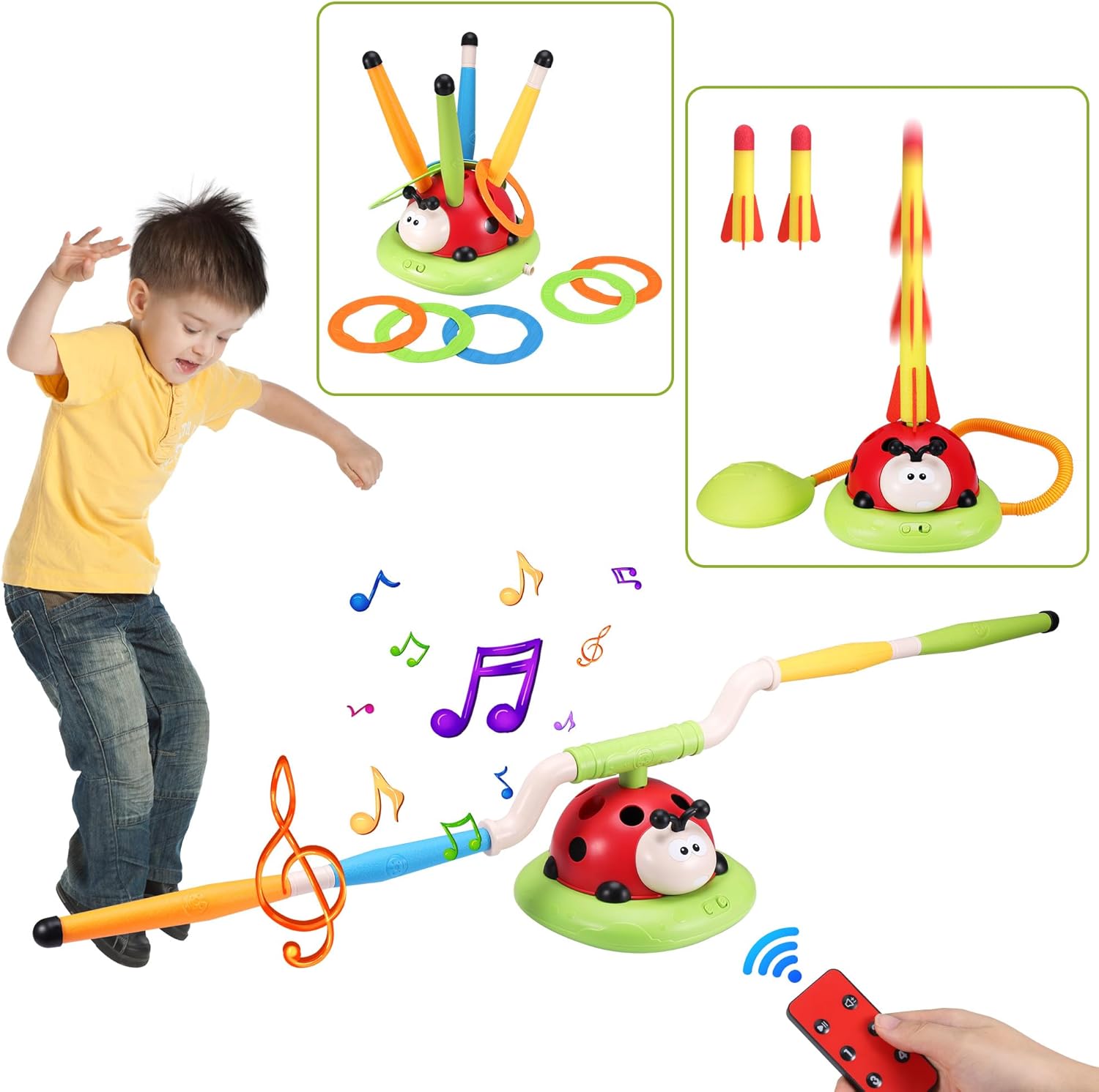 Detalle de Kssvzz 3-in-1 Kids Musical Jump & Toss Ring Rocket Launcher (Ladybird Design) for Ages 3–12