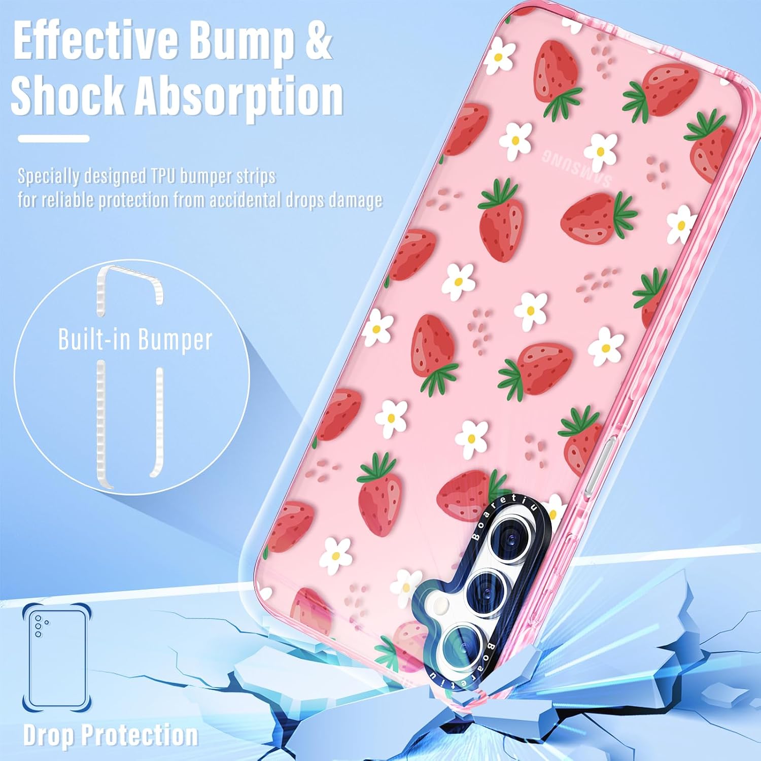 Detalle de Boaretiu Galaxy A14 5G Strawberry Case with 360° Ring Kickstand