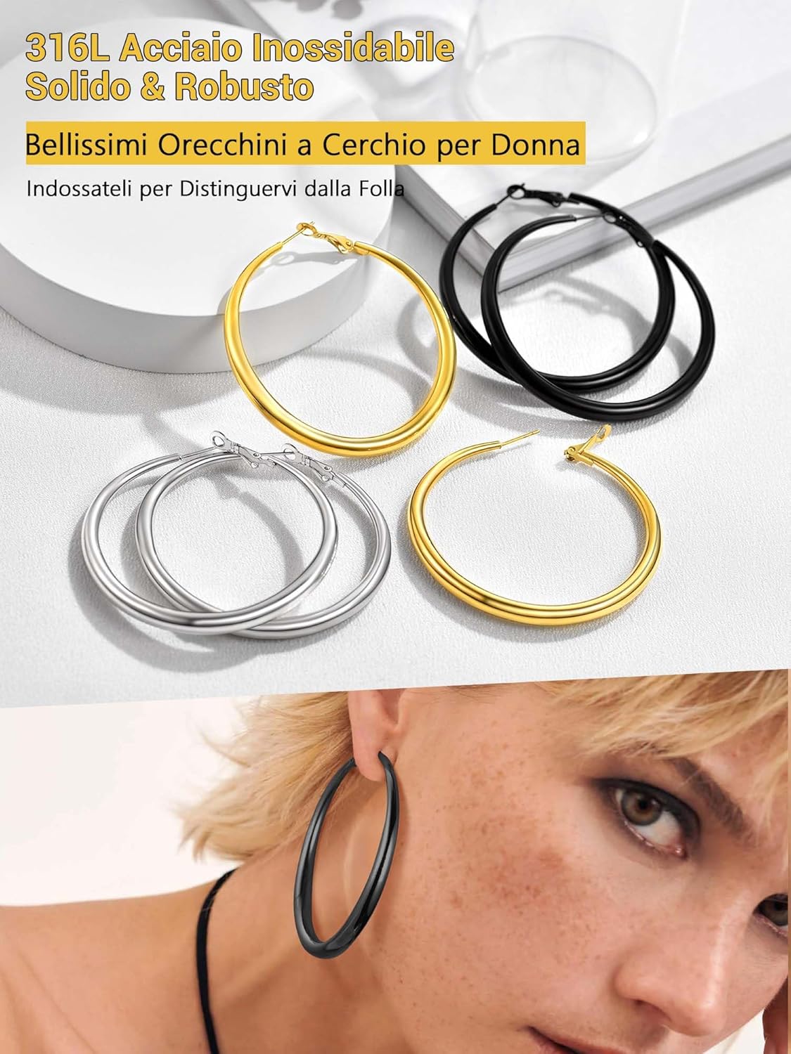 Thumbnail 4 de PROSTEEL orecchini a cerchio in acciaio chirurgico 316L 40/60/80 mm con confezione regalo