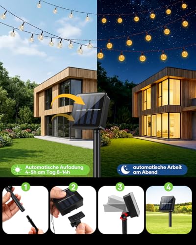 Detalle de Suright Solar-Lichterkette Außen 14 m, 60 LED – IP65, 8 Modi, warmweiß