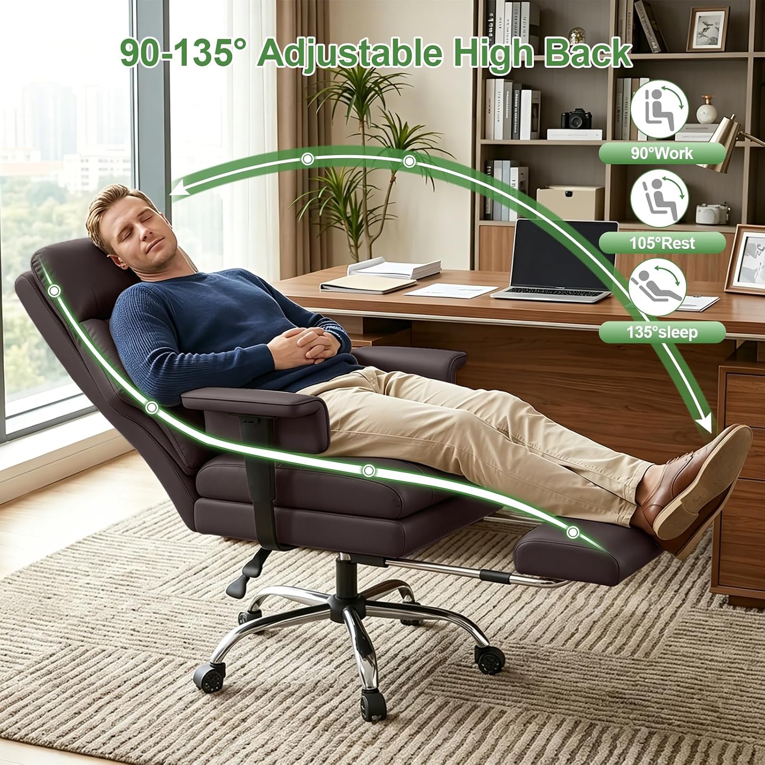 Detalle de XUEGW 850-Brown Executive Office Chair, 135° Recline and Retractable Footrest