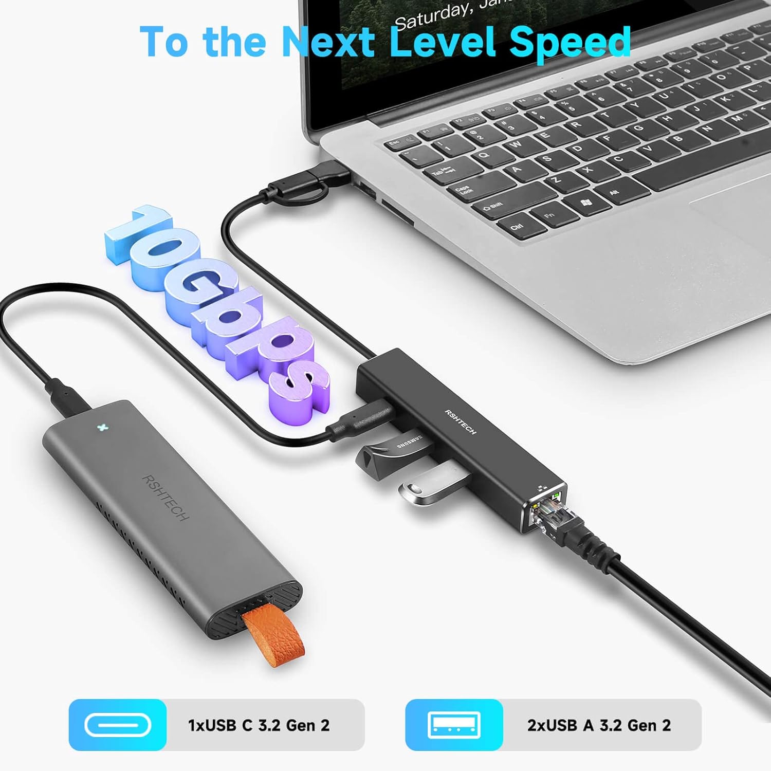 Detalle 2 de RSHTECH USB-C Hub with Ethernet Adapter 4‑Port USB 3.2 Data Hub
