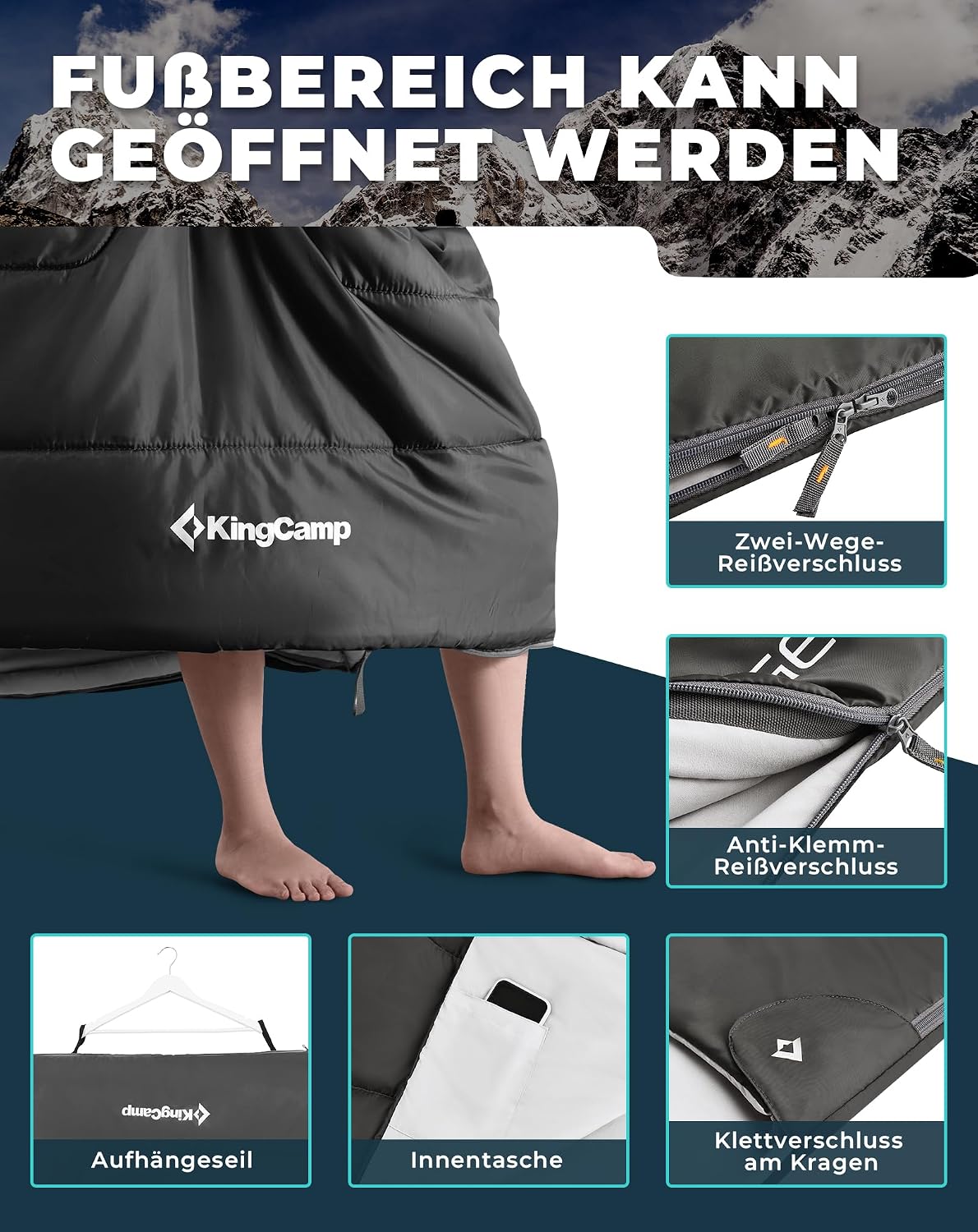 Thumbnail 5 de KingCamp Deckenschlafsack Doppelschlafsack 220 × 150 cm mit 2 Kissen – ideal für Familiencamping