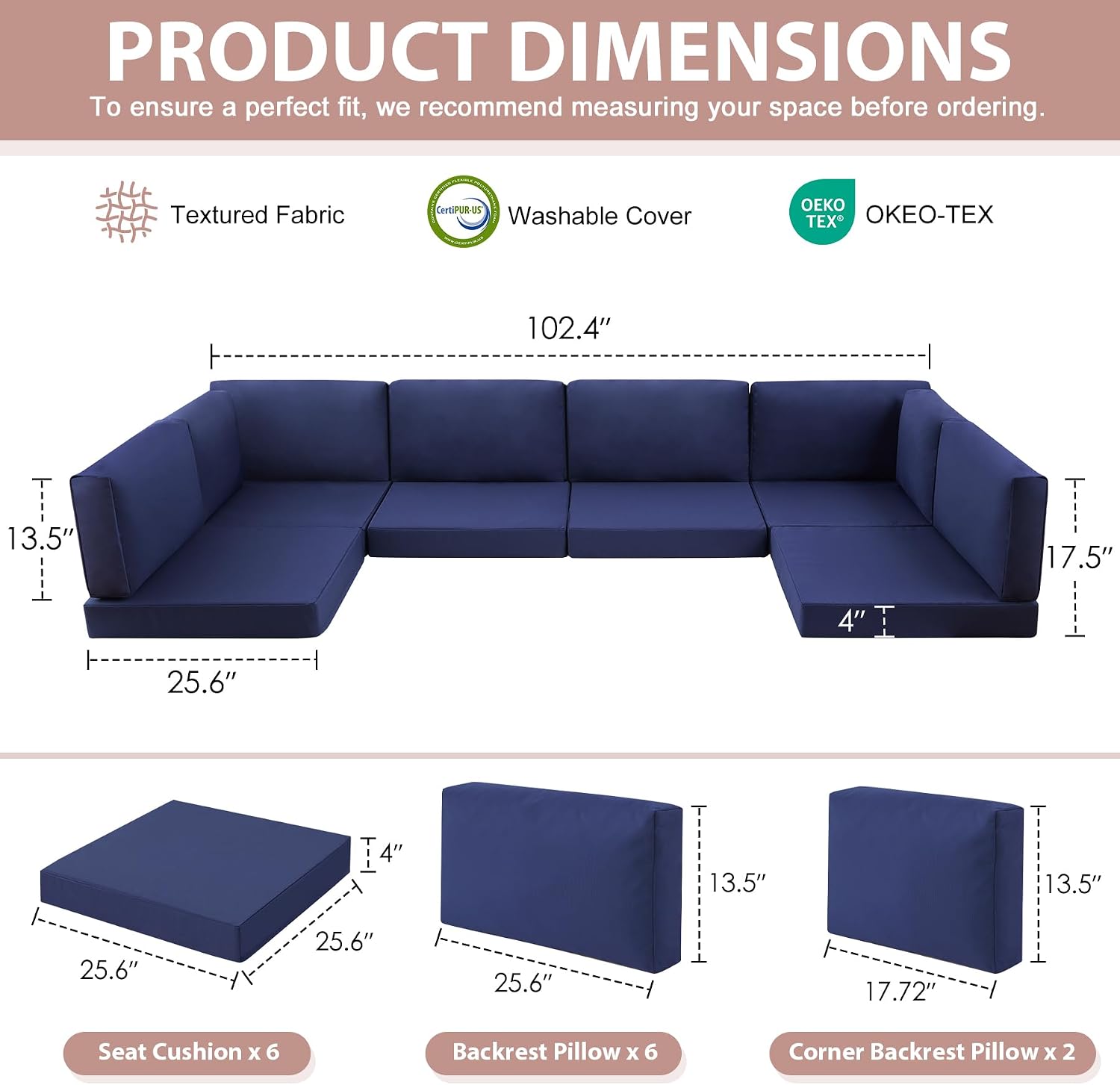 Detalle de MuaMelop 14PCS-NavyBlue 14-Piece Patio Sectional Cushion Set, Water-Resistant