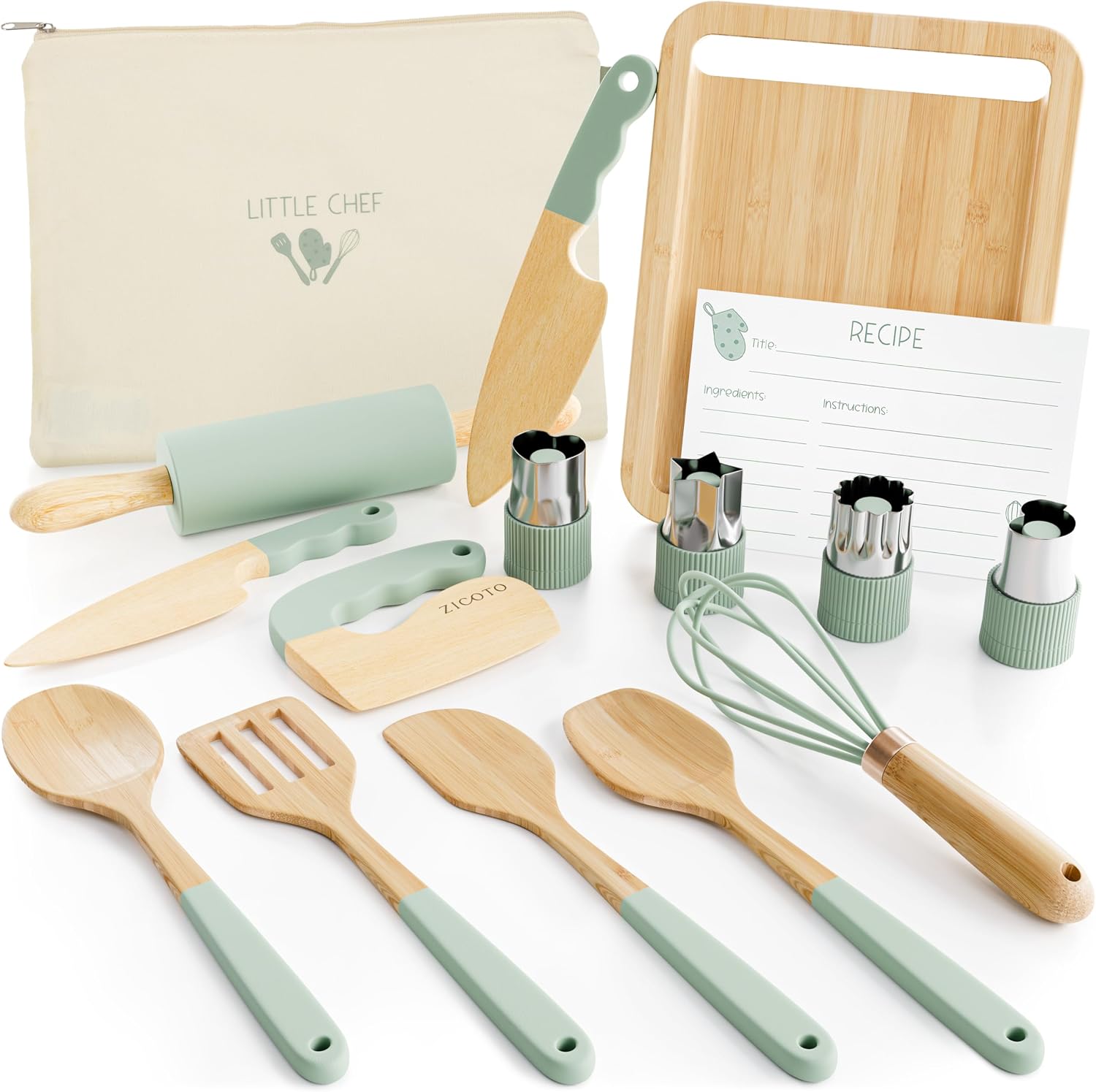 Detalle de ZICOTO zic-kcookset-sag_23-219a Wooden Kids’ Cooking Set, 16-Piece Beech and Bamboo