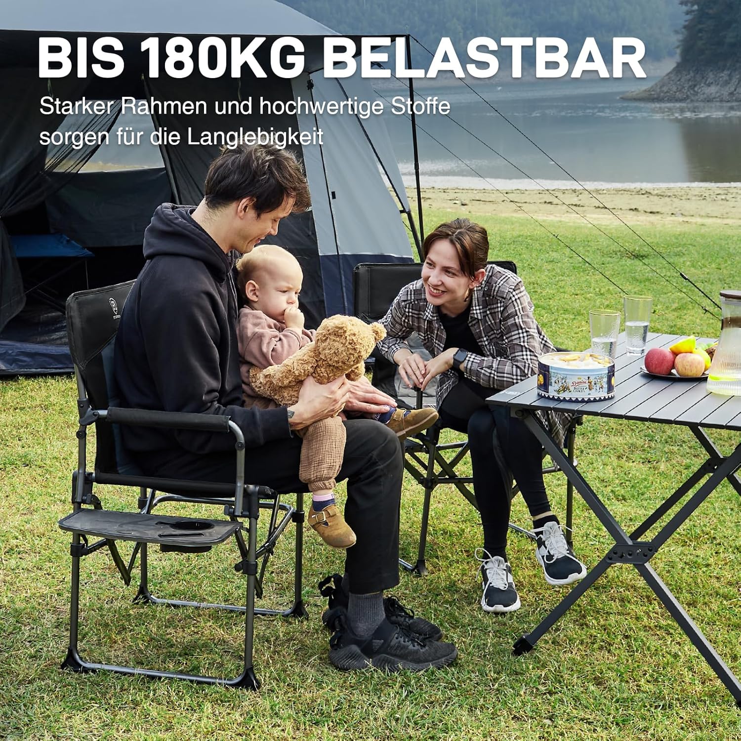 Detalle de EVER ADVANCED Regiestuhl Klappbar 180KG Belastbar – kompakt, mit Seitentisch und Seitentasche