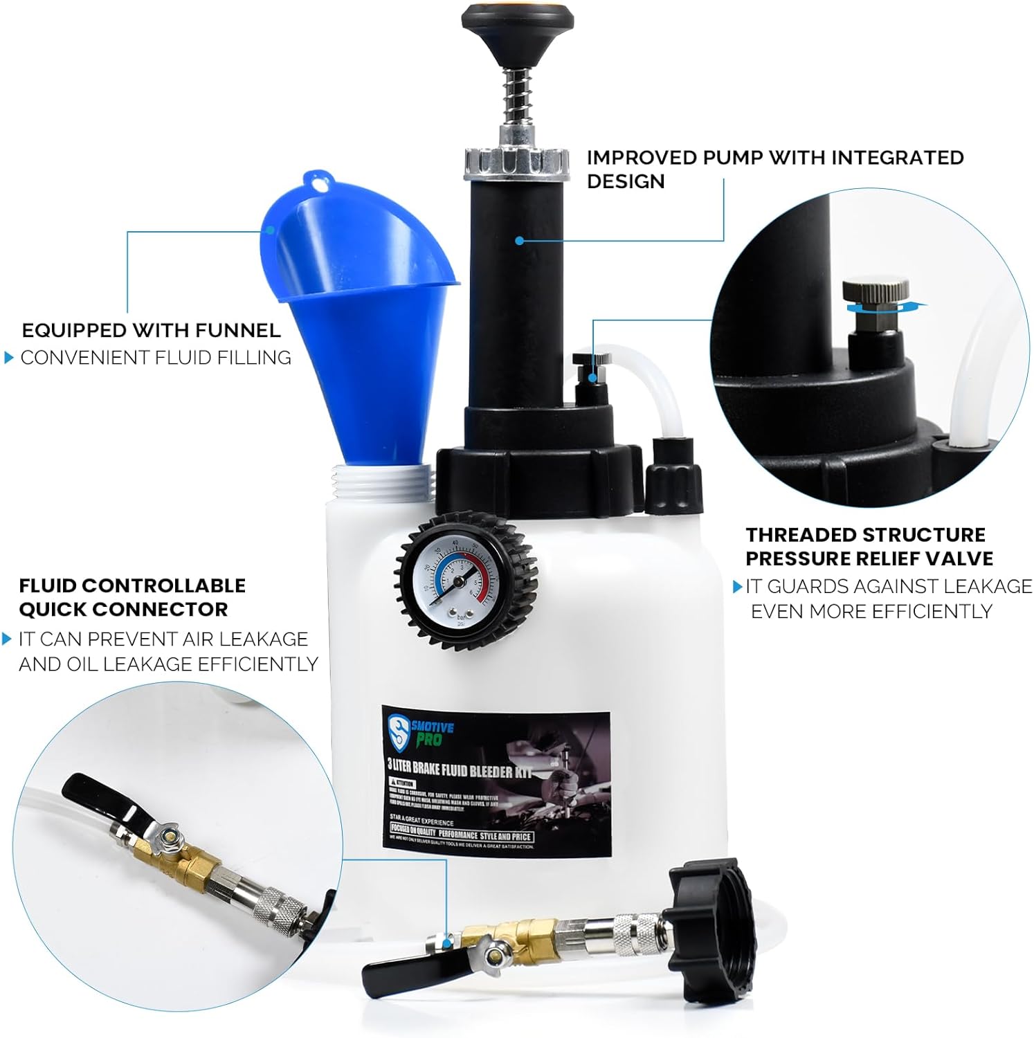 Detalle de SMOTIVEPRO Brake Bleeding Kit: 3L Manual Bleeder with 1L Bottle and E20 Master Cylinder Adapter