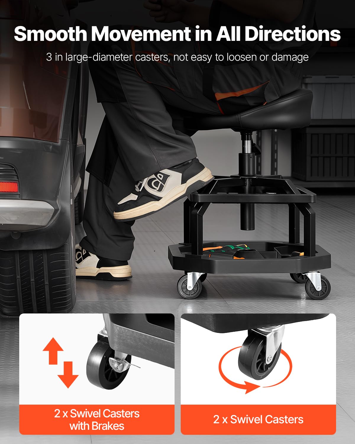 Detalle de VEVOR Tabouret d'atelier roulant à hauteur réglable – support lombaire, 360° et 136 kg