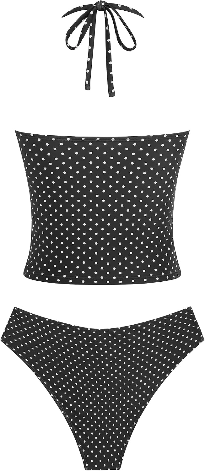 Detalle de Zaful Women's Flowy Floral Tankini Swimsuits with Halter Neck, Tummy Control, Polka Dot & Striped Two-Piece