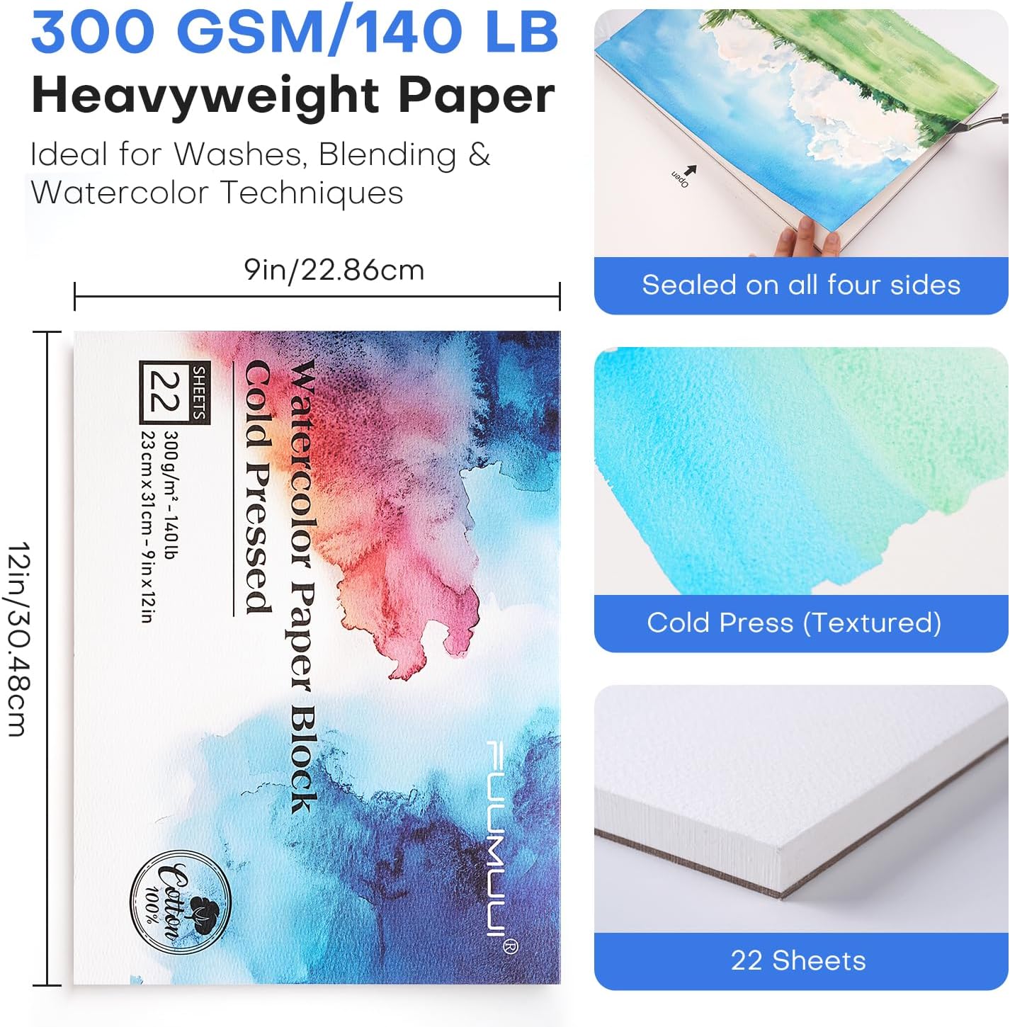 Detalle de Fuumuui Watercolor Paper Block (9x12 Inch) — 100% Cotton, Cold-Pressed, 22 Sheets (140 lb / 300gsm)