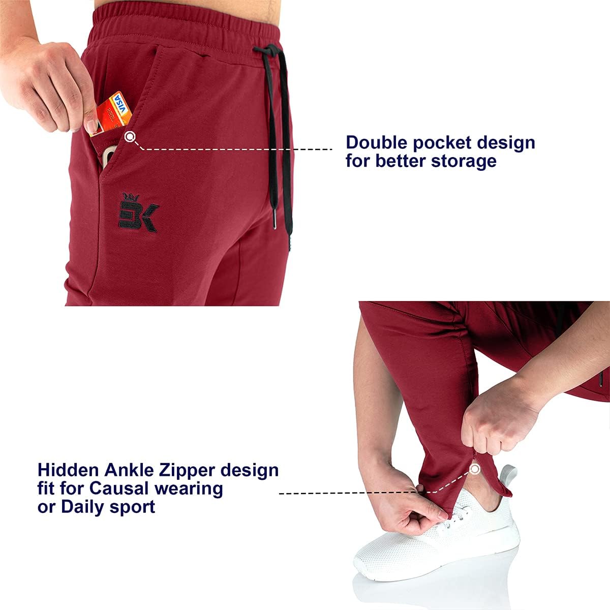 Detalle de Brokig Mens Gym Joggers Sweatpants with Double Pockets & Hidden Ankle Zippers