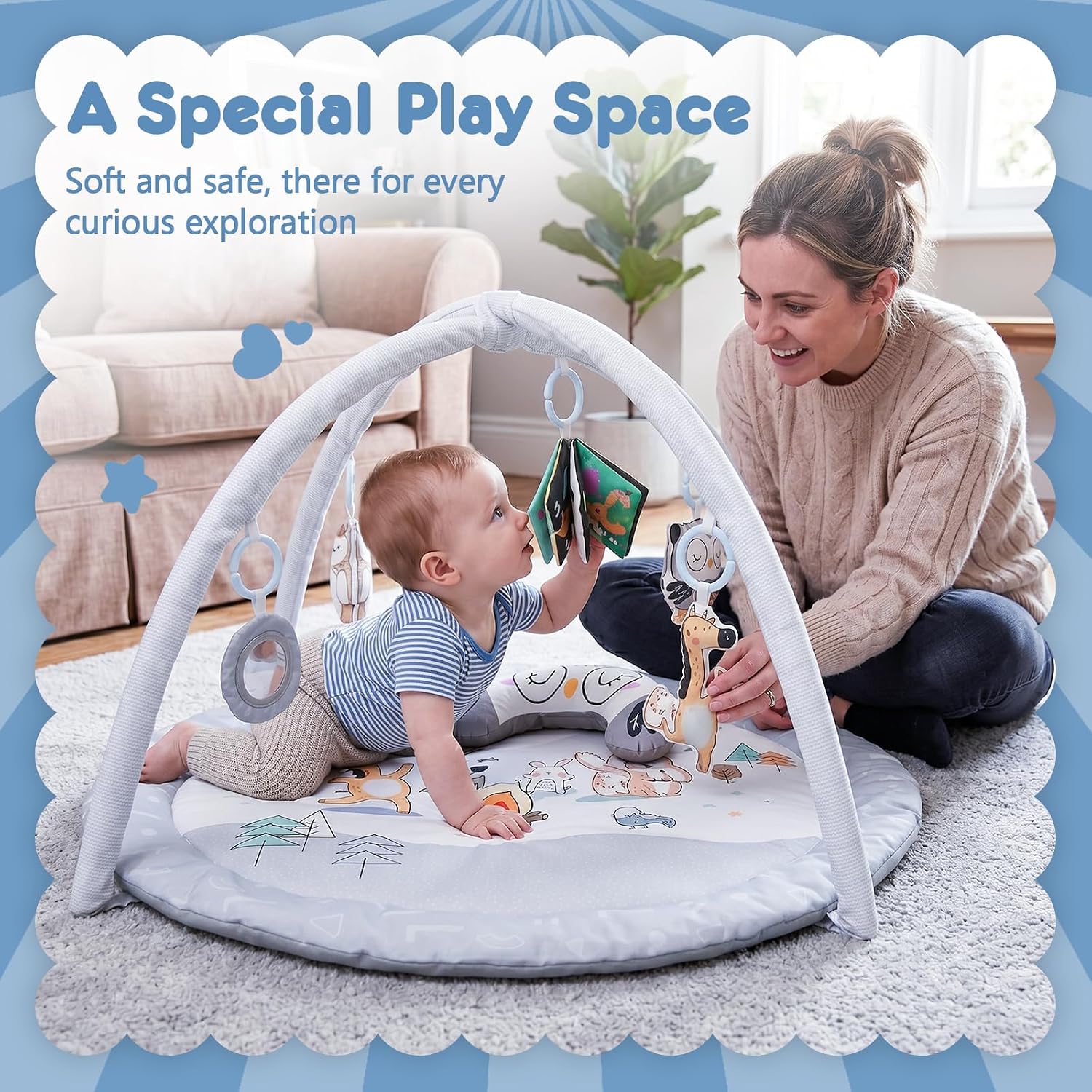 Detalle de Baby Play Mat, Activity Play Gym Mat with Hanging Toys and Tummy Time Pillow