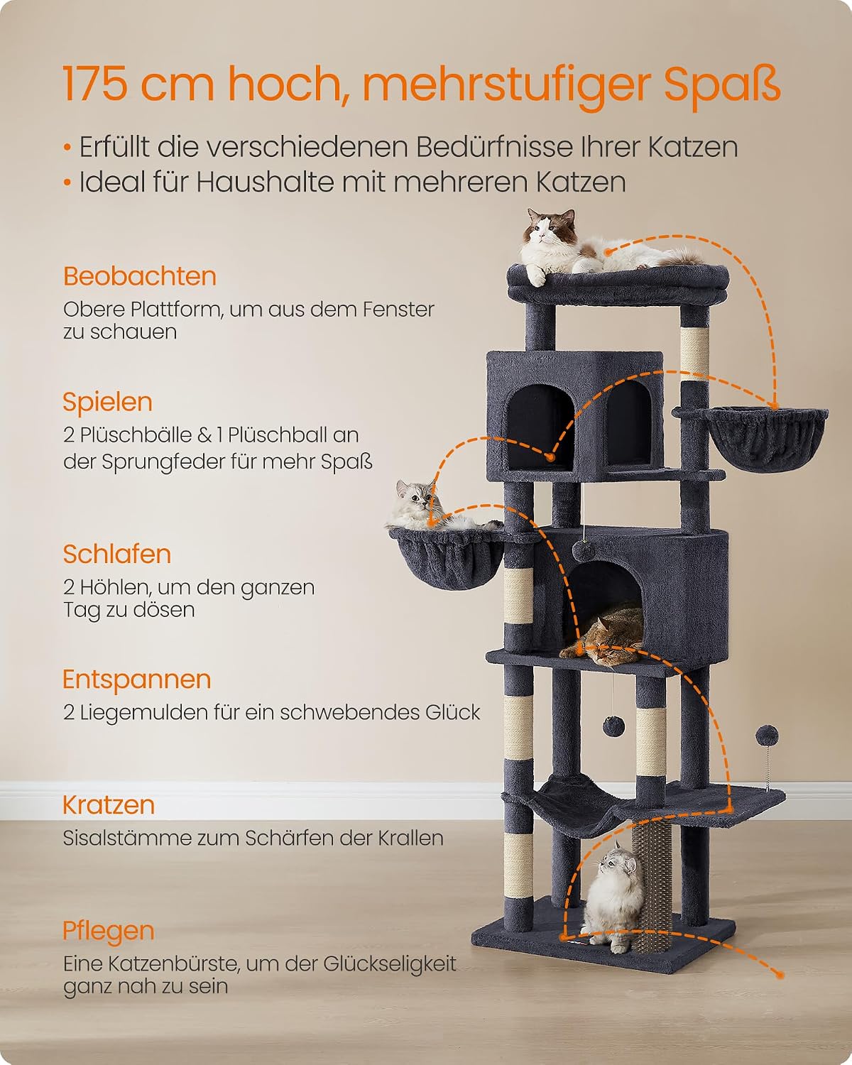 Detalle de Feandrea Kratzbaum 175 cm XL mehrstöckig