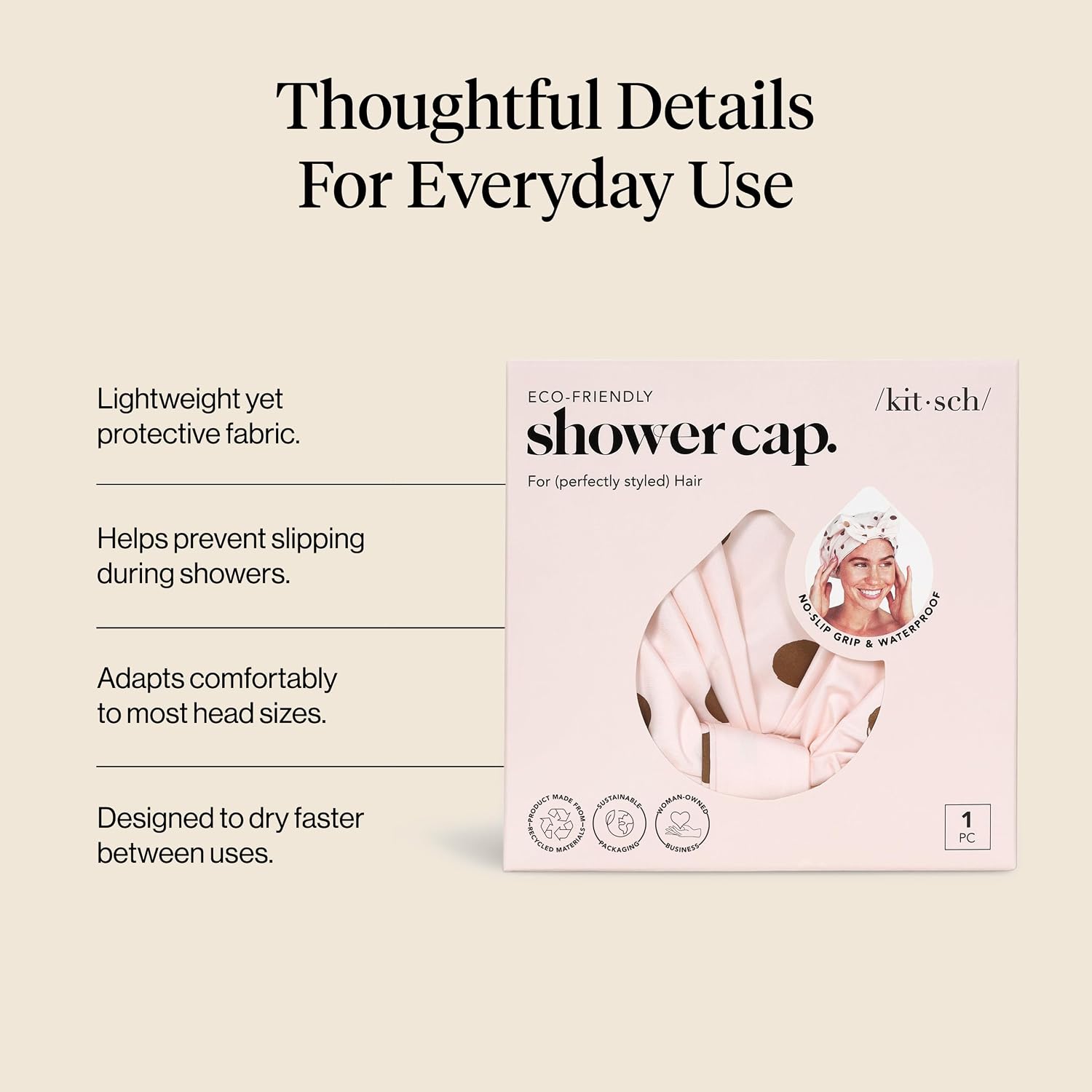 Thumbnail 2 de Kitsch 819677020842 Large Shower Cap for Women, Blush Dot, Reusable