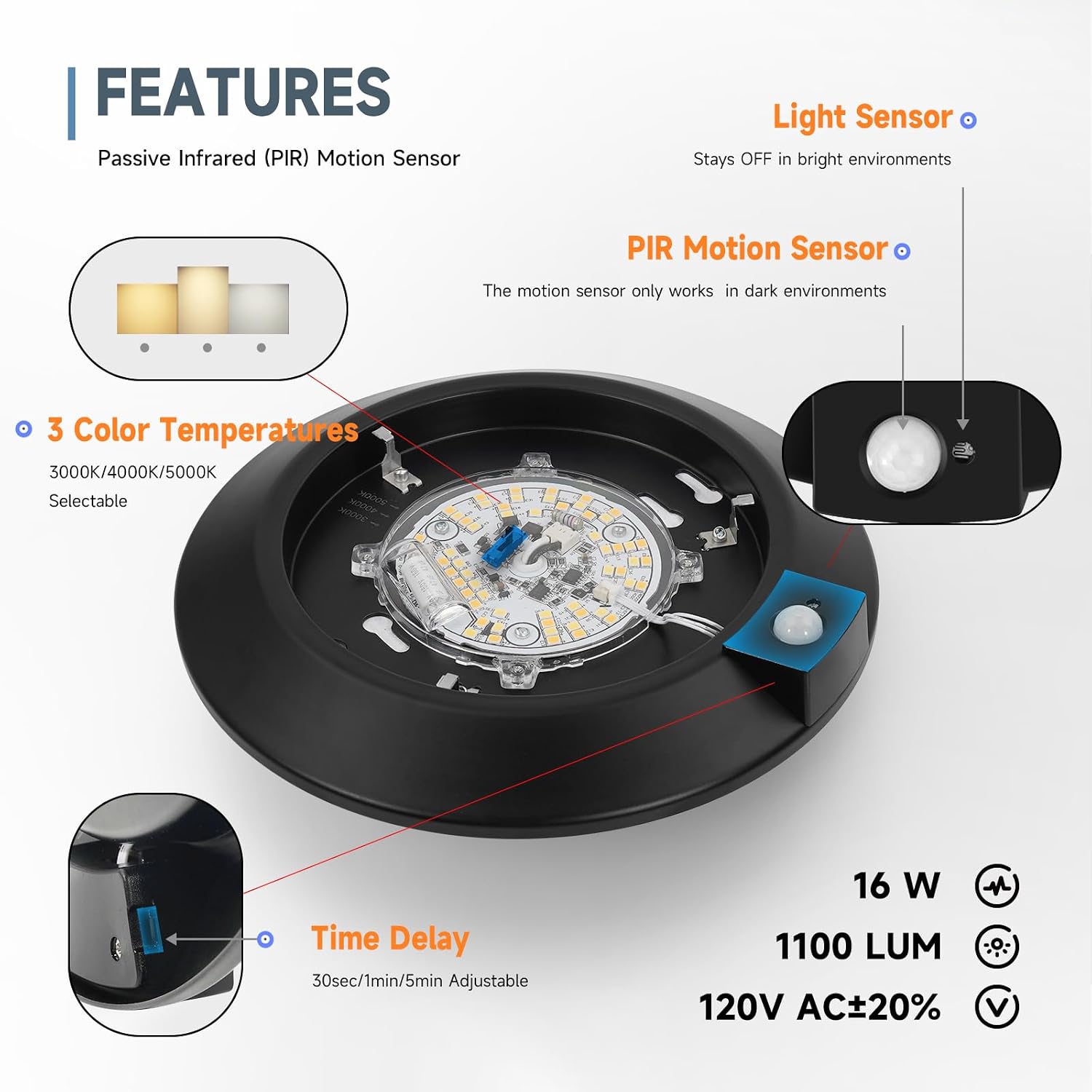 Detalle de ECOELER CDR615C 6-inch Motion Sensor Disk Light, 3 CCT, Adjustable Timer