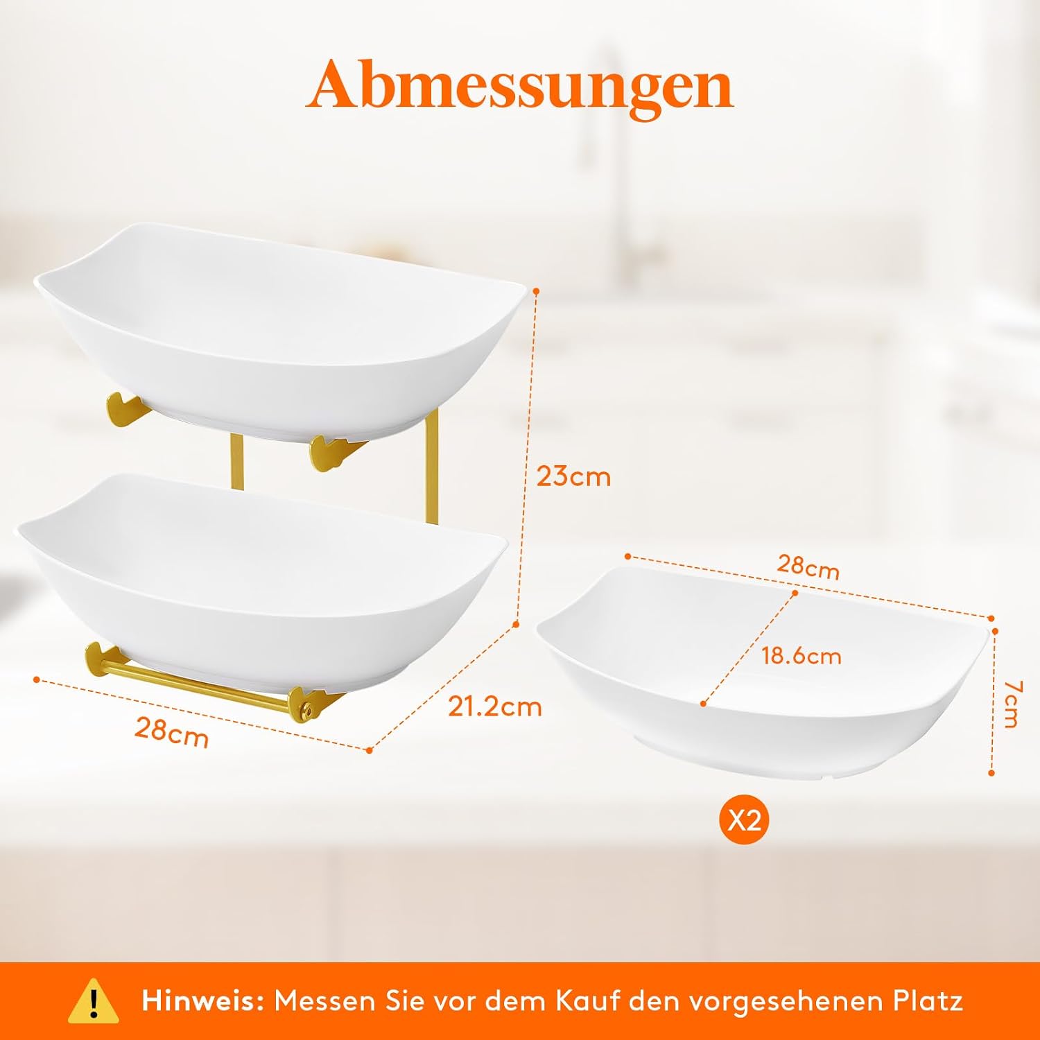 Detalle 2 de Lifewit Obst-Etagere mit 2 Etagen und Metallständer – Obstschalen aus PET, weiß & goldfarben