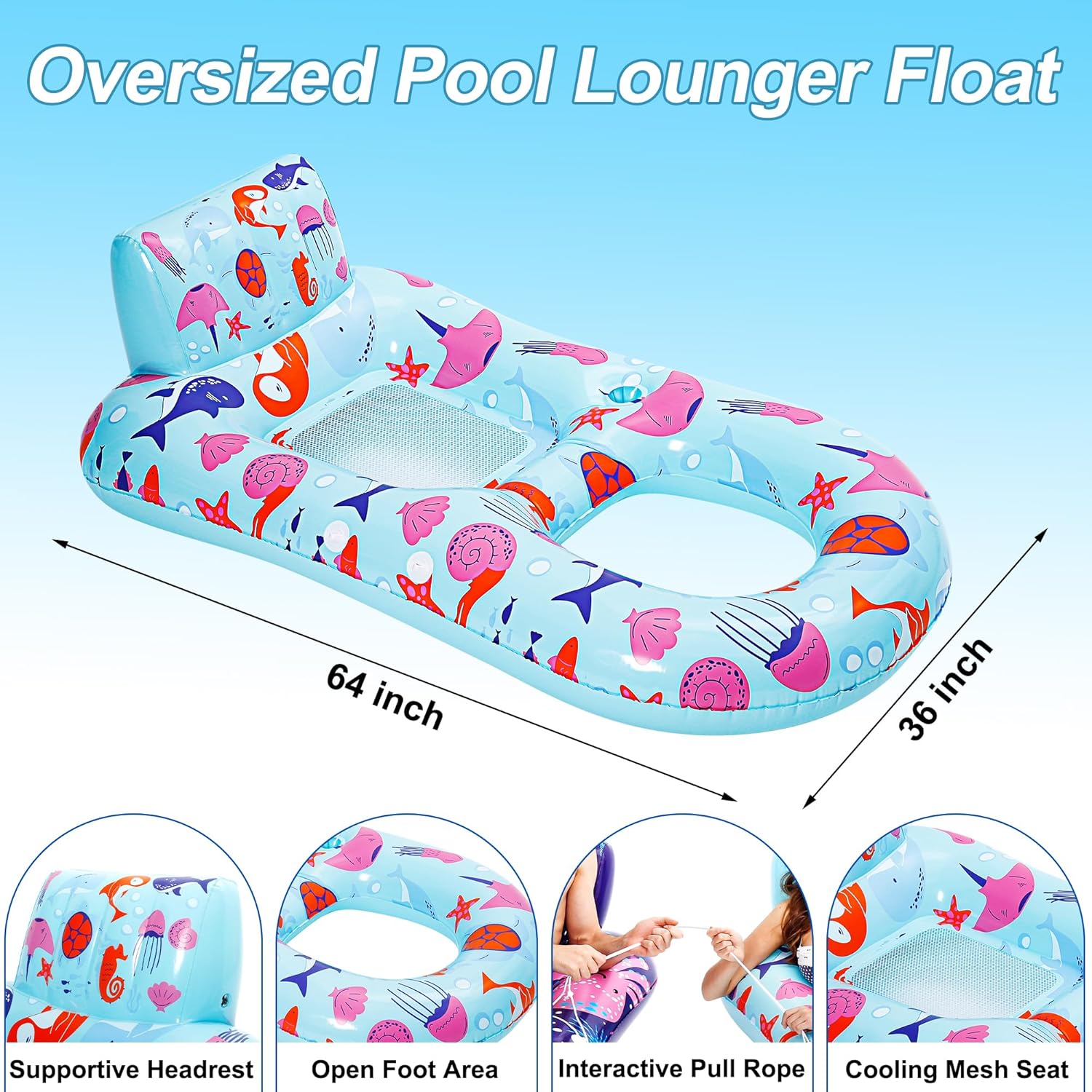 Detalle de PuppyuWill 2 Pack Inflatable Pool Lounger Floats for Adults (Heavy-Duty with Cup Holder, Backrest & Footrest)