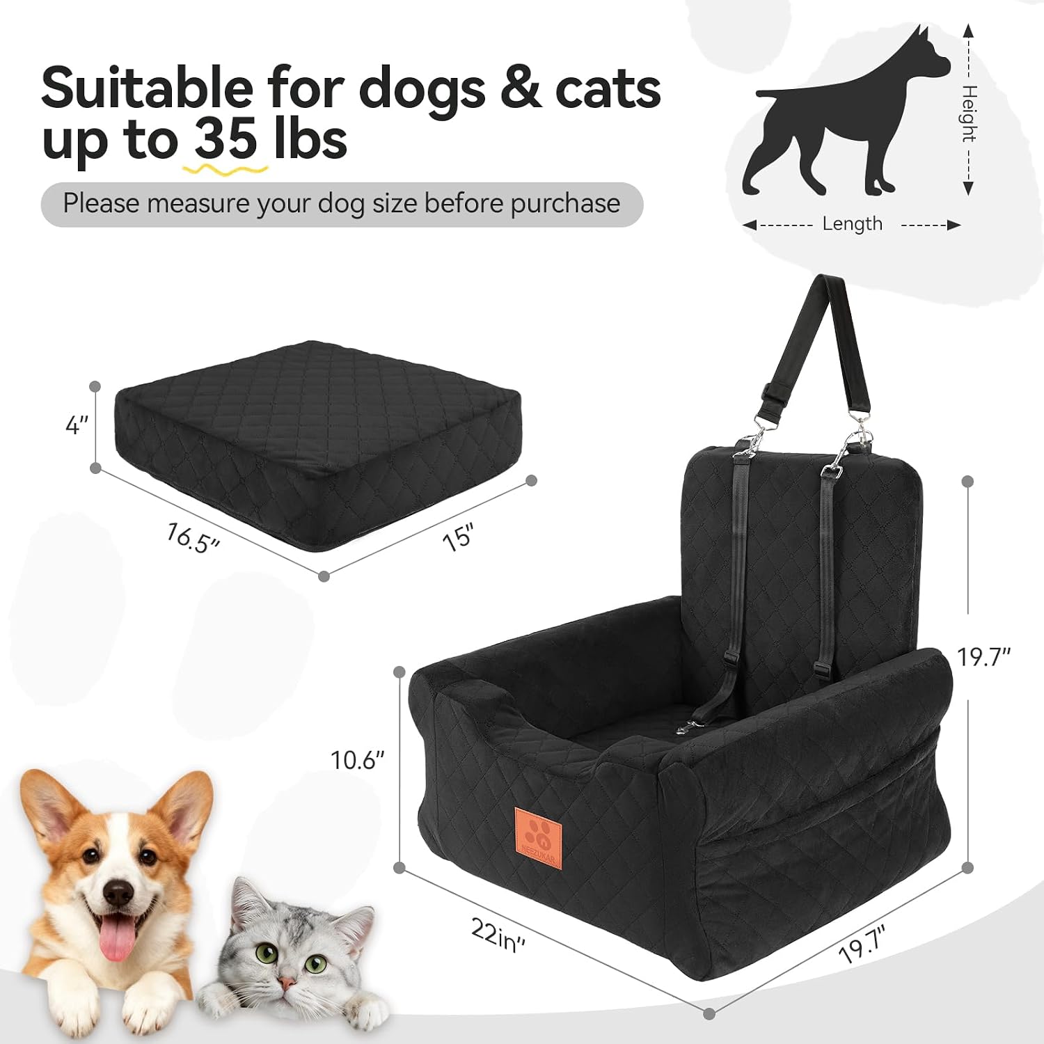 Detalle de GL GLENSLAVE Dog Car Seat for Small/Medium Dogs – Elevated Memory Foam Booster with Safety Belts