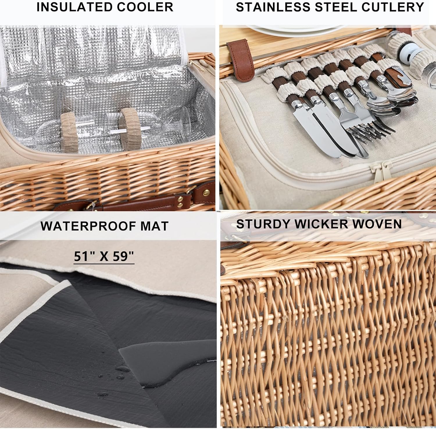 Detalle 2 de SatisInside Versatile picnic set for 4- natural 4人用柳編みピクニックバスケット、断熱仕様・テーブル付き