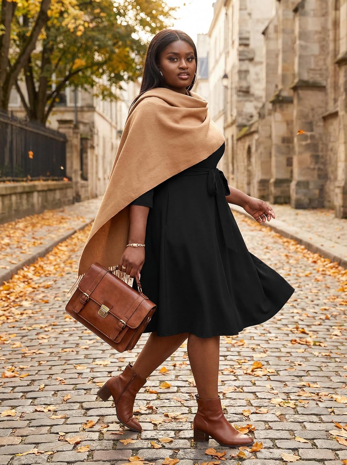 Thumbnail 6 de FANDEE Plus Size Midi Dress with African Print – L-5XL, V-Neck, 3/4 Sleeves, Belt & Pockets