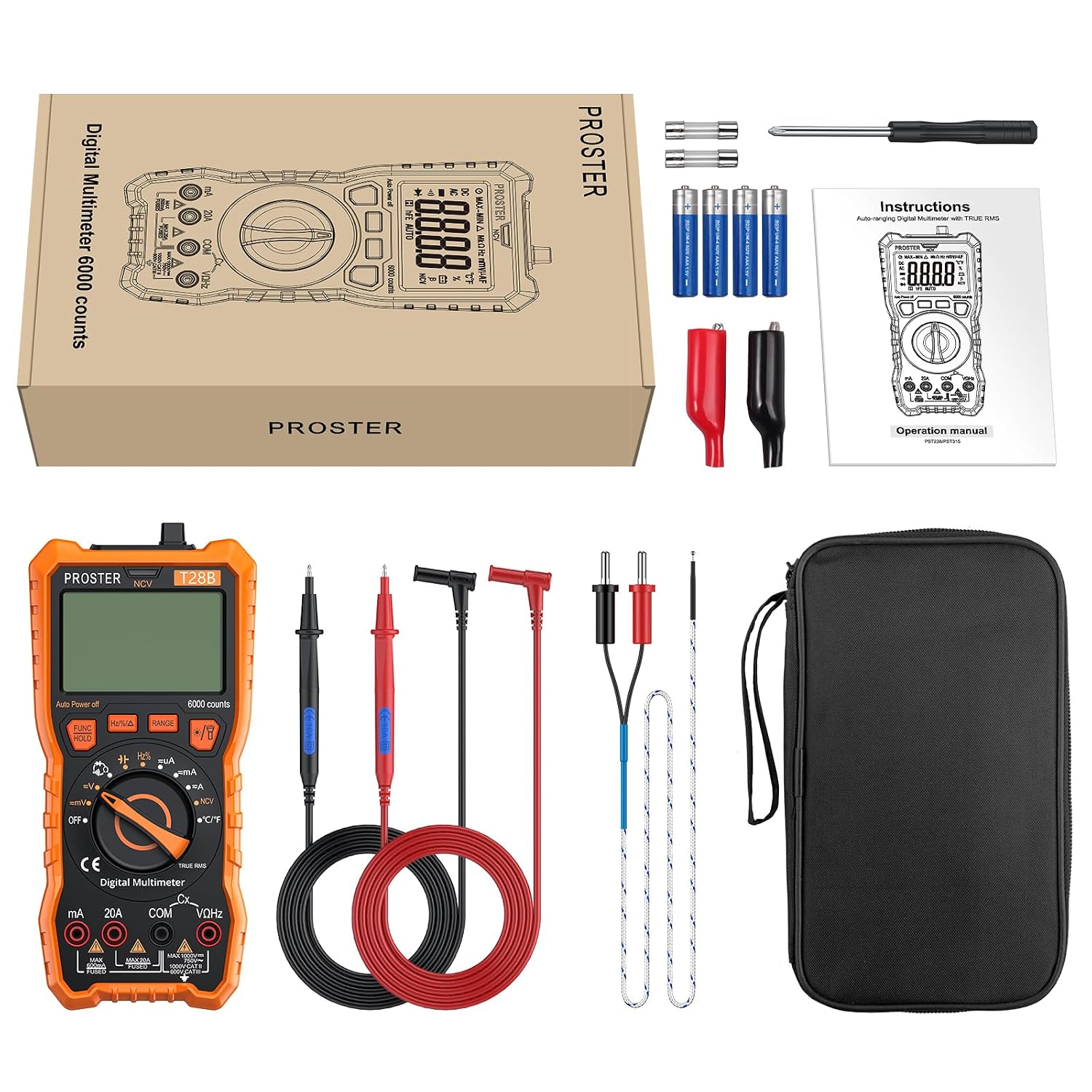 Thumbnail 6 de Proster Digitales Multimeter 6000 Zähler TRMS Auto Range mit NCV – DC/AC Messgerät, Temperatur, Kapazität, Widerstand