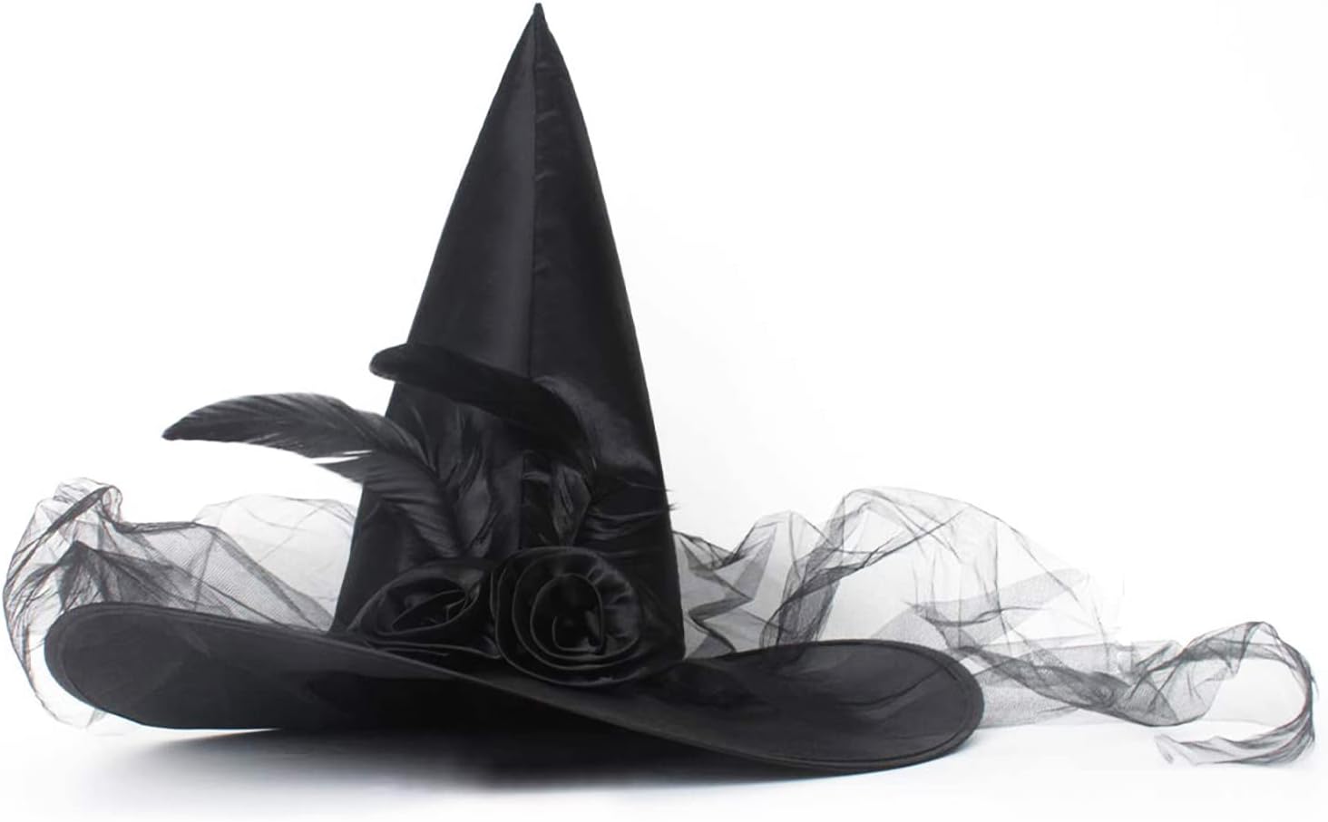 Detalle de JUSTOTRY Halloween Witch Hat, Satin Wide Brim with Roses, Tulle and Feathers