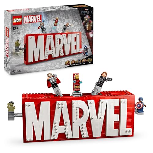 Detalle de LEGO Marvel Logo e Minifigure: set 76313, il logo Marvel con 5 leggende Avengers in 3D
