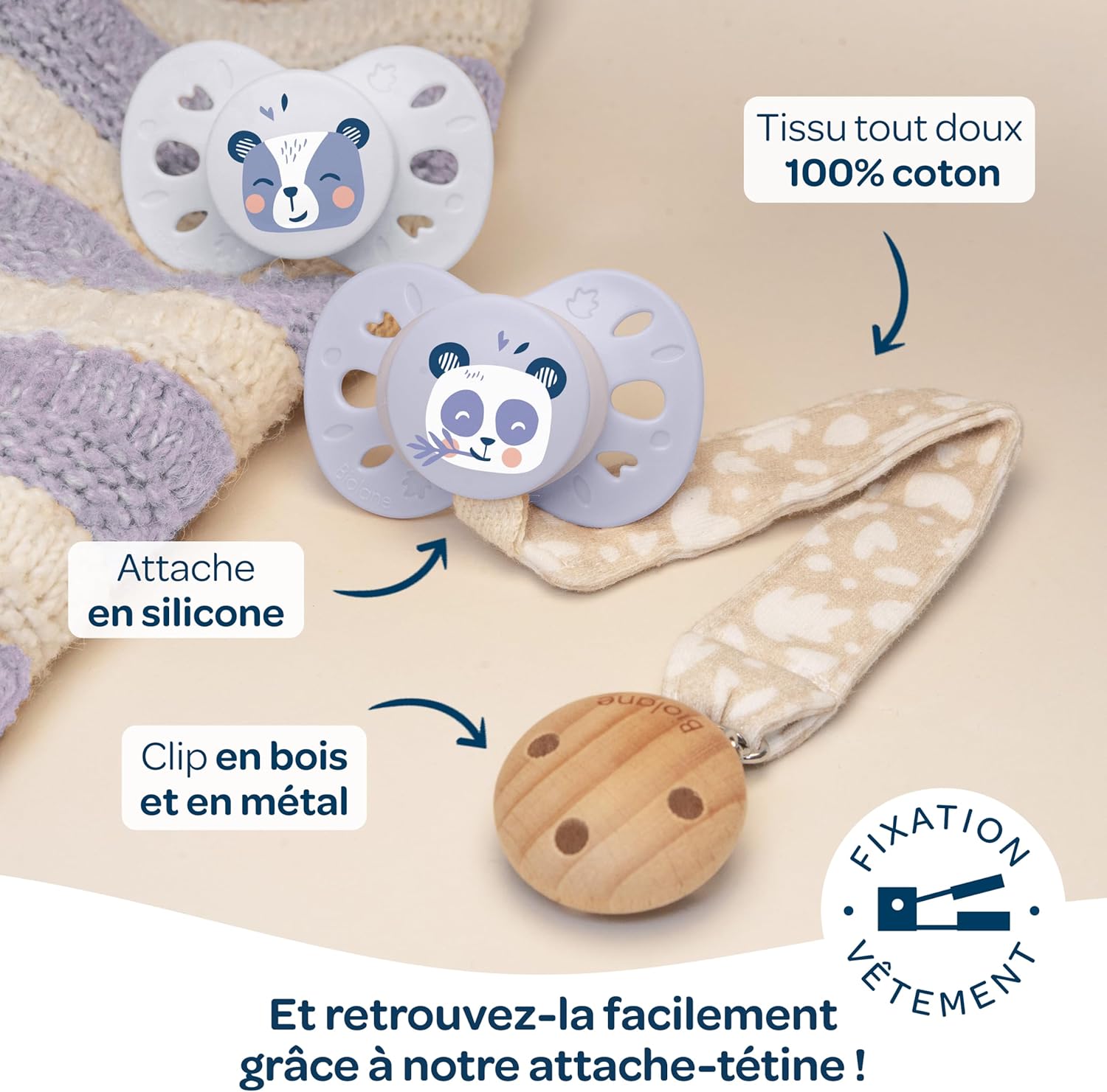 Thumbnail 5 de Biolane tétines anatomiques animaux – sucettes extra-fines 18 mois et +, lilas bicolore (téterelle plate et réversible)