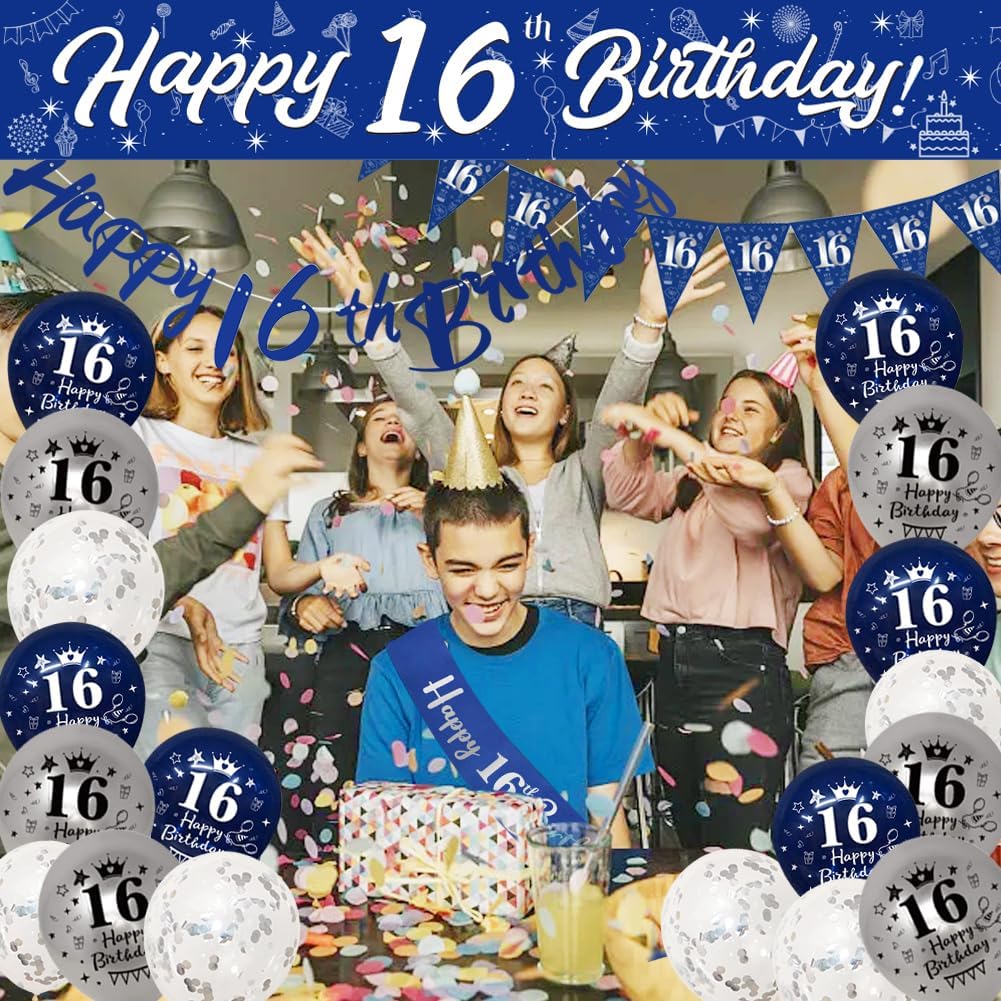 Thumbnail 5 de 16th Birthday Decorations Navy Blue & Silver 9ft 🎉