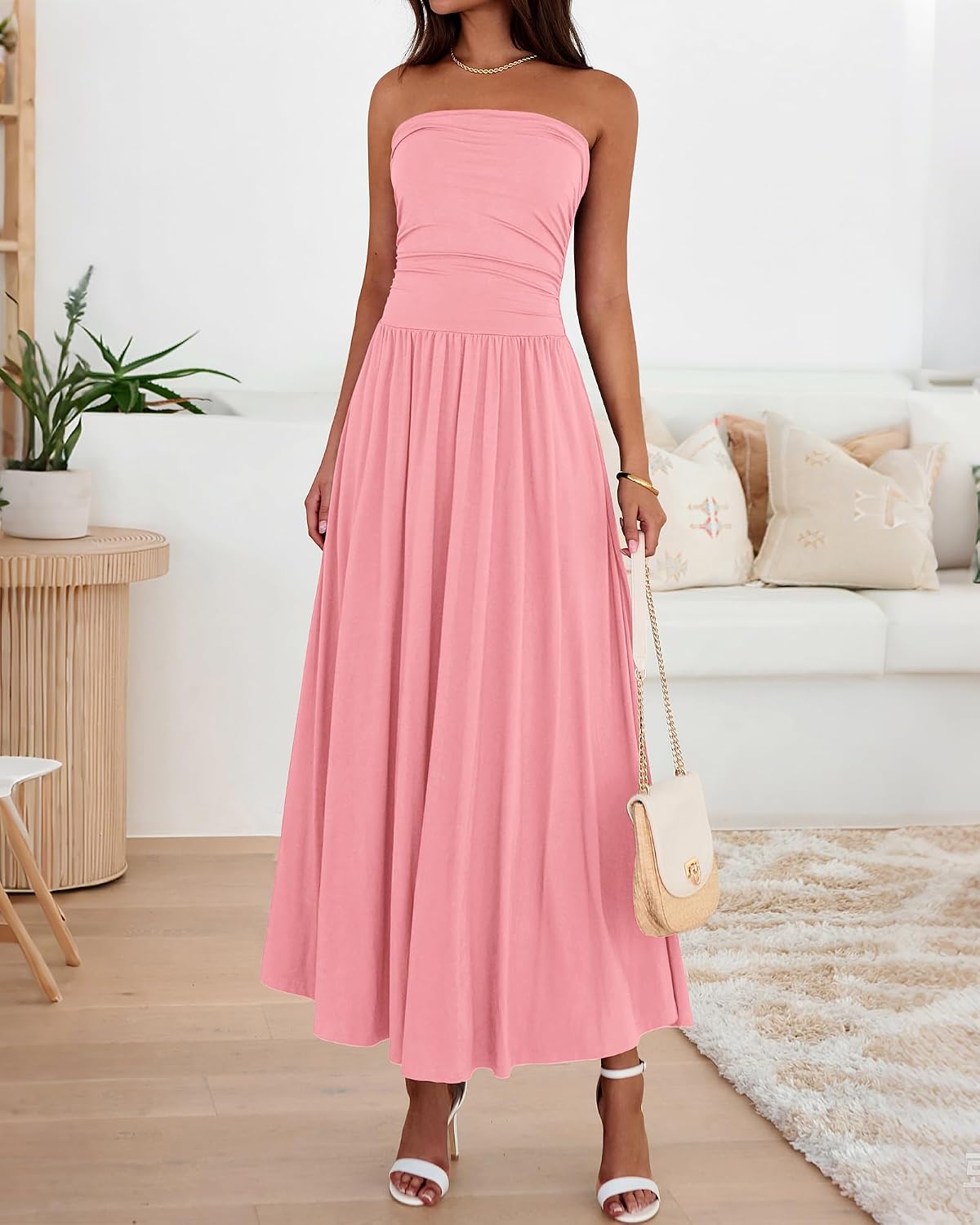 Detalle de BTFBM BT571 Strapless Maxi Dress with Ruched Tube Top, Pockets and Silicone Grip