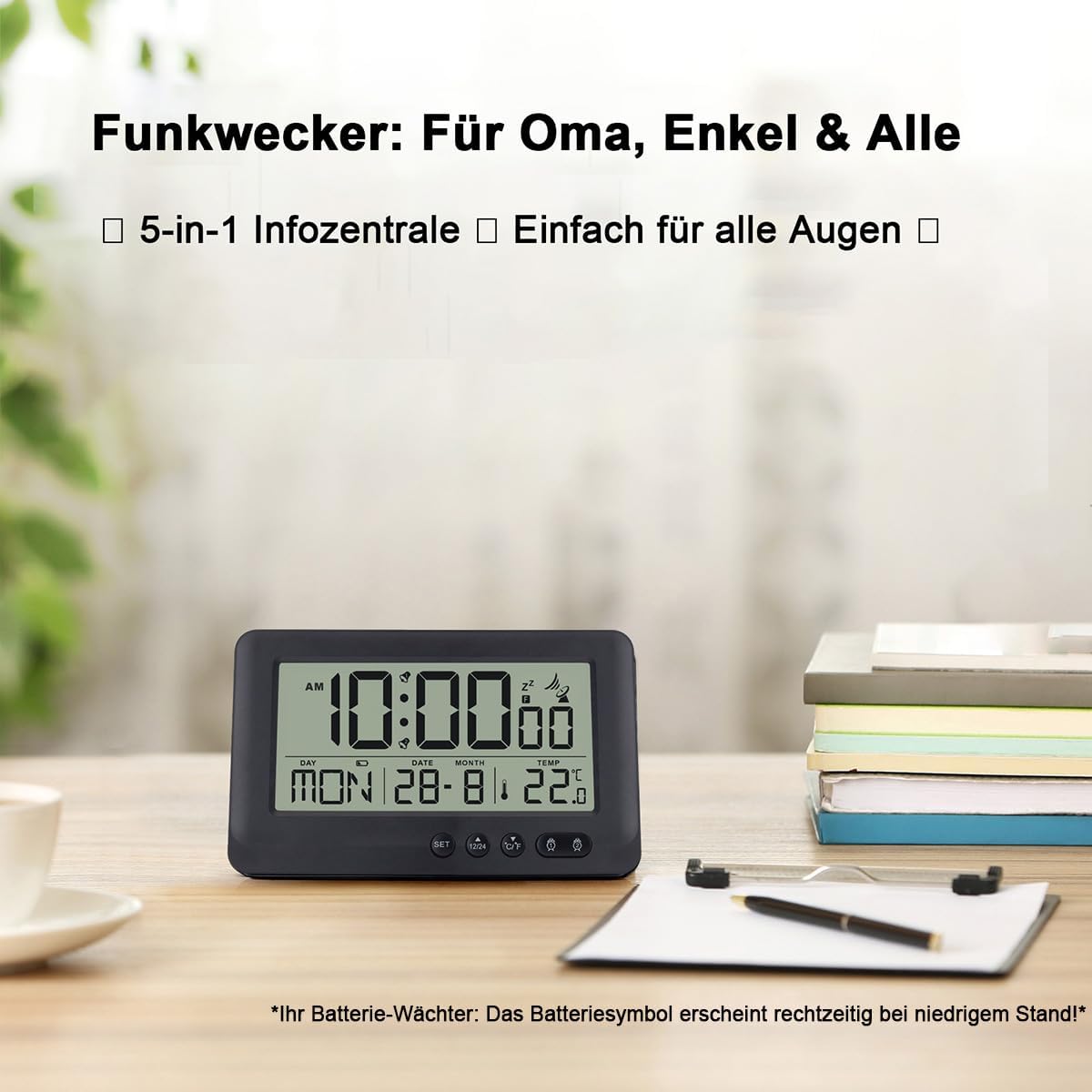 Thumbnail 1 de Teepacioka Funkwecker Digital mit Automatischer Zeit-Synchronisation, 5-Minuten-Snooze und Temperaturanzeige – Schwarz