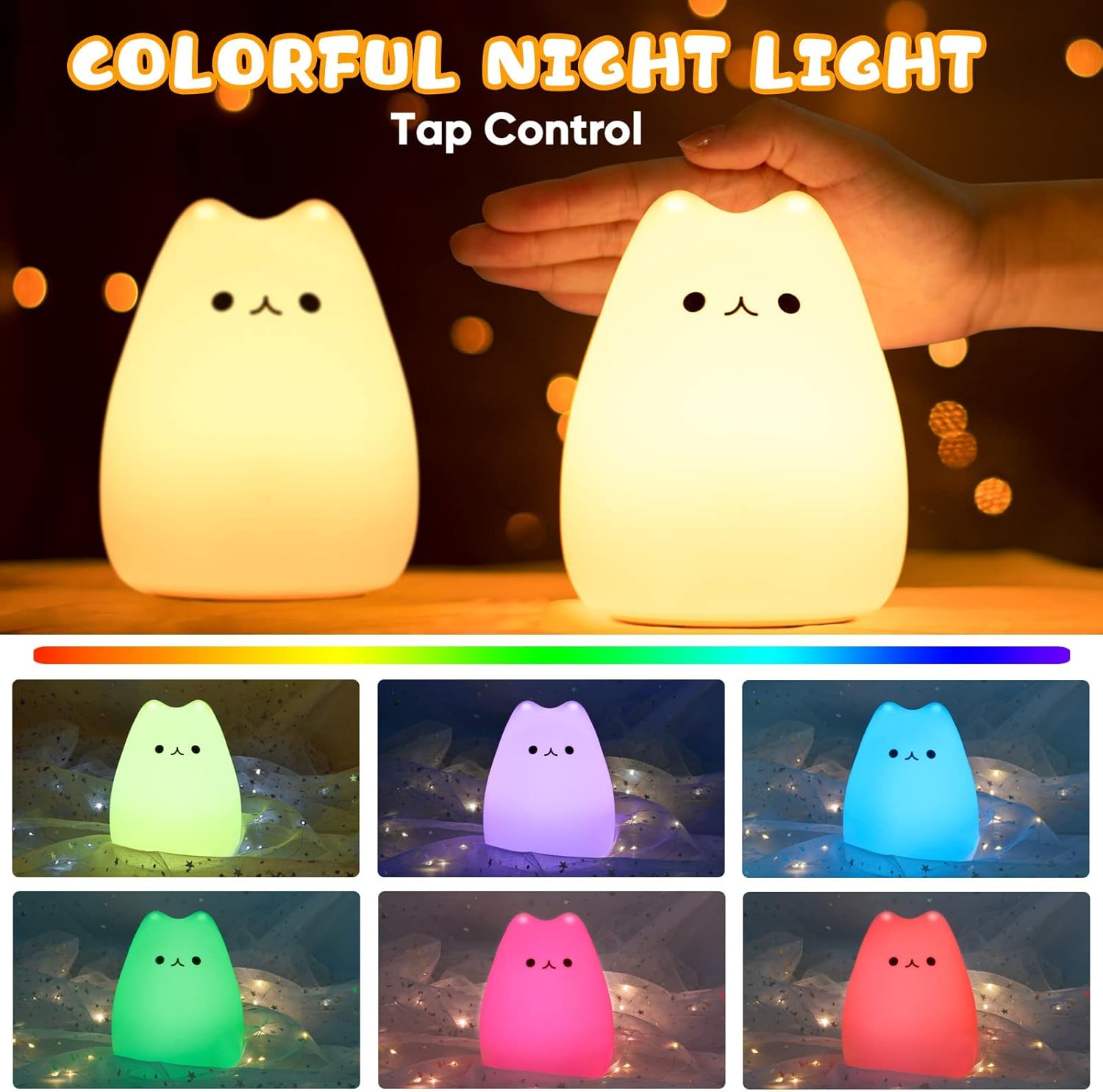 Detalle de FOMYHEARD Luce Notturna per Bambini 3 in 1: silicone, RGB, dimmerabile, timer 1h/3h, USB-C