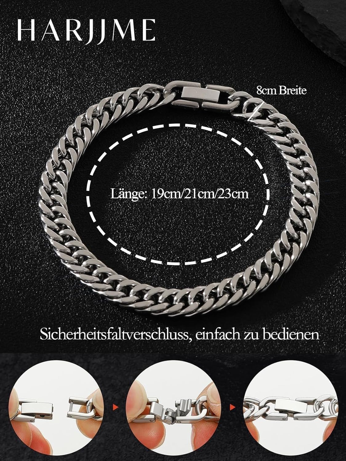 Detalle de HARJJME Herrenarmband aus Edelstahl – 8 mm Breite, 19/21/23 cm, wasserfest, nickel-frei, Sicherheitsverschluss