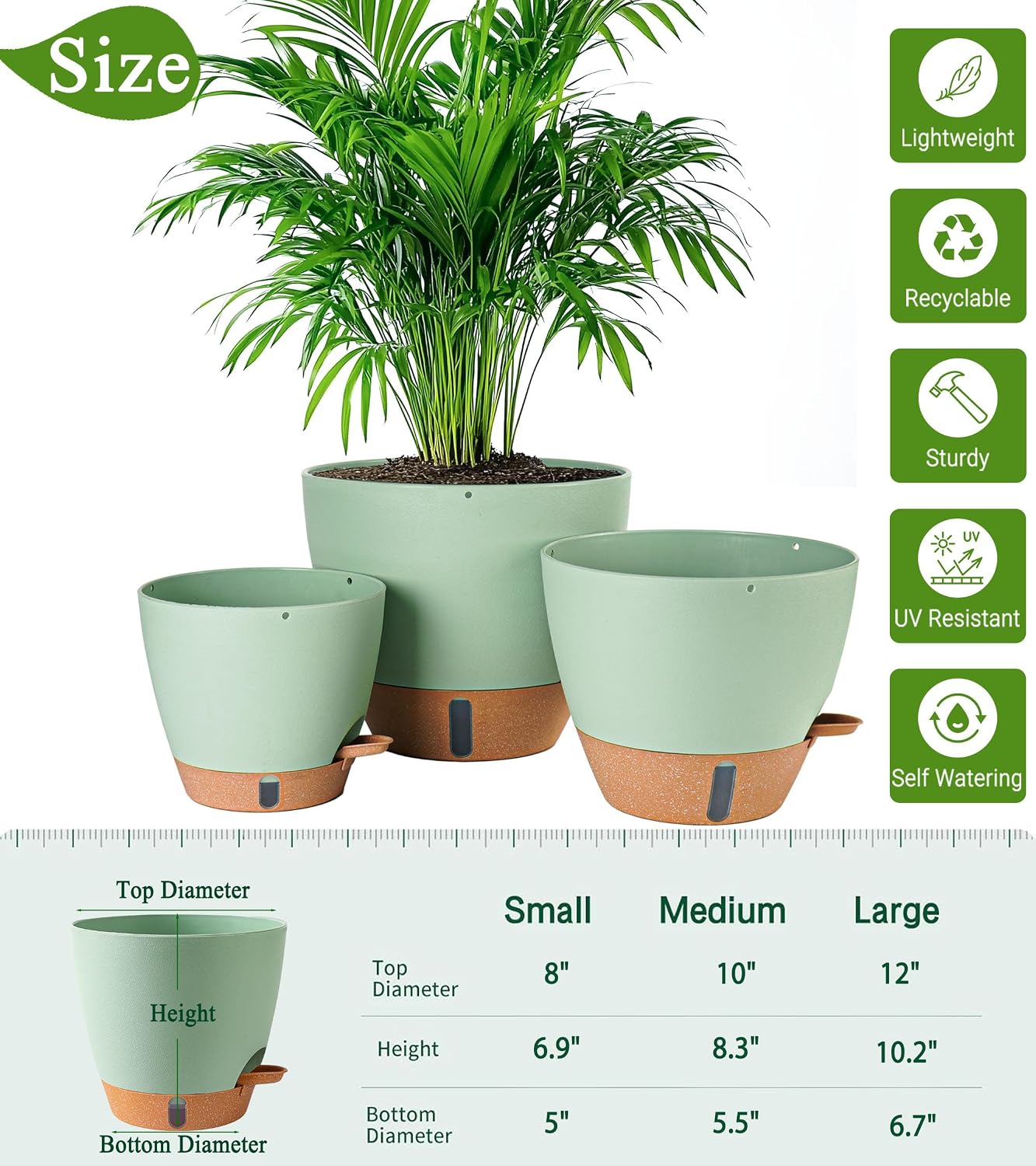 Detalle de Fielda 8/10/12-Inch Self-Watering Planters, Green Plastic Pots with Water-Level Indicator